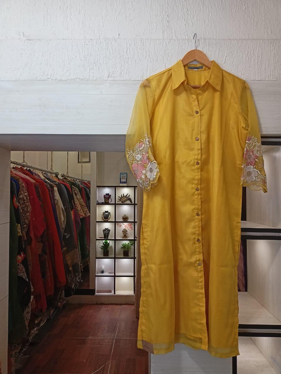 Yellow Organza Embroidered Kurta Set