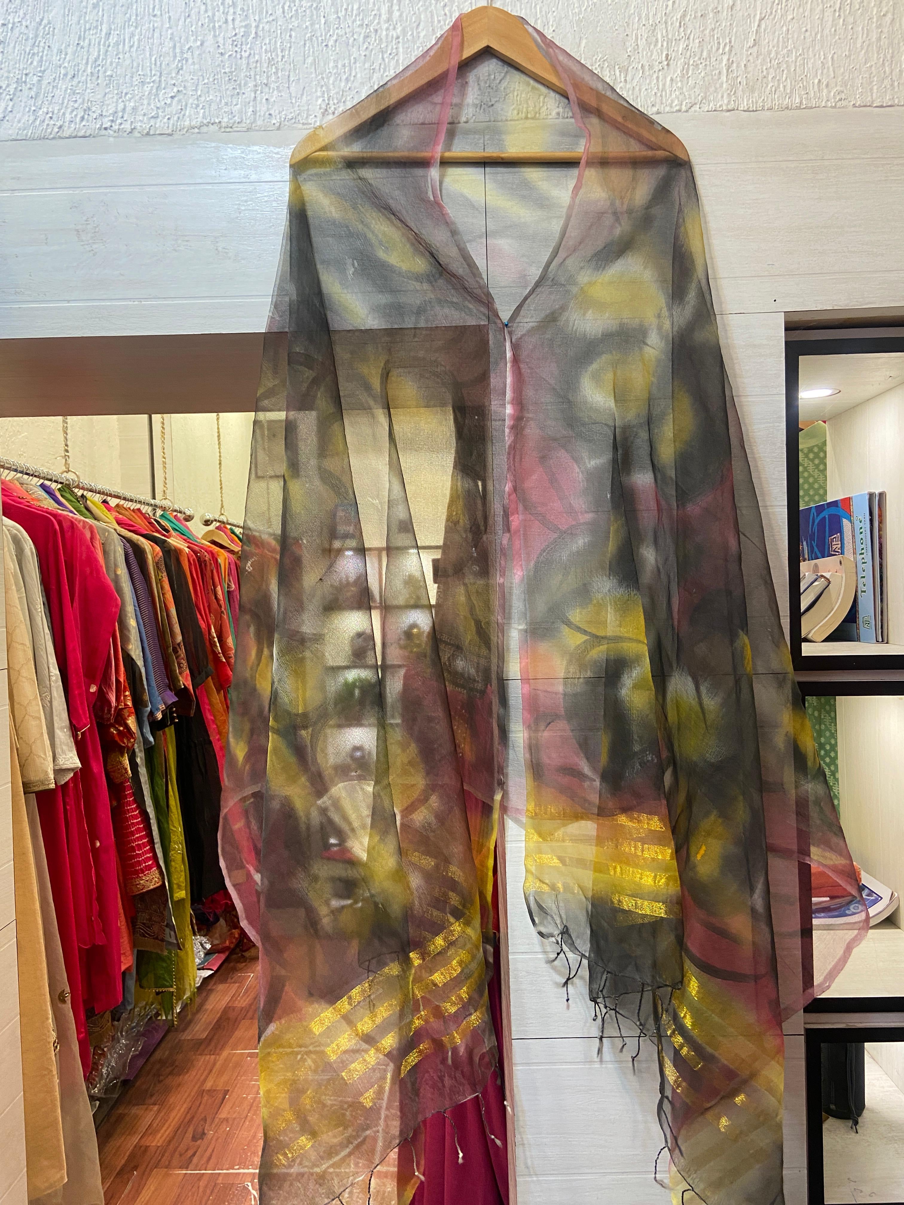 Multicoloured Hand-Painted Organza Dupatta -amodiniclothing