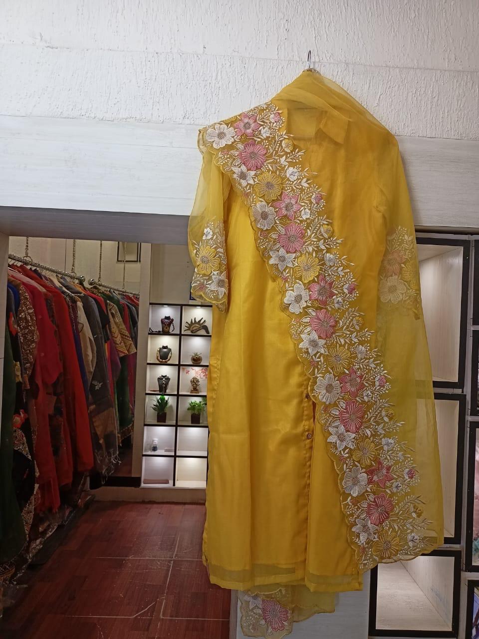 Yellow Organza Embroidered Kurta Set