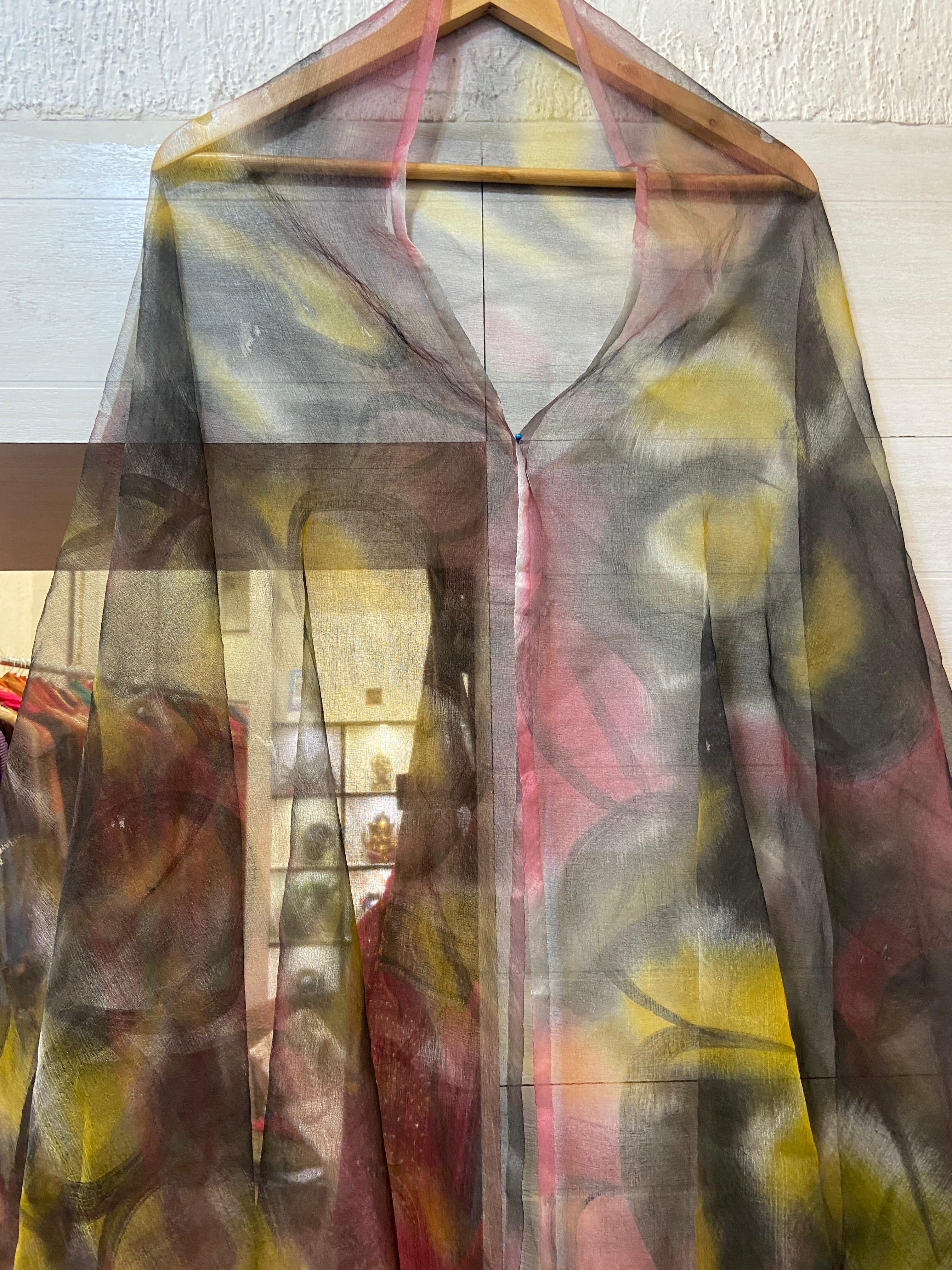 Multicoloured Hand-Painted Organza Dupatta -amodiniclothing