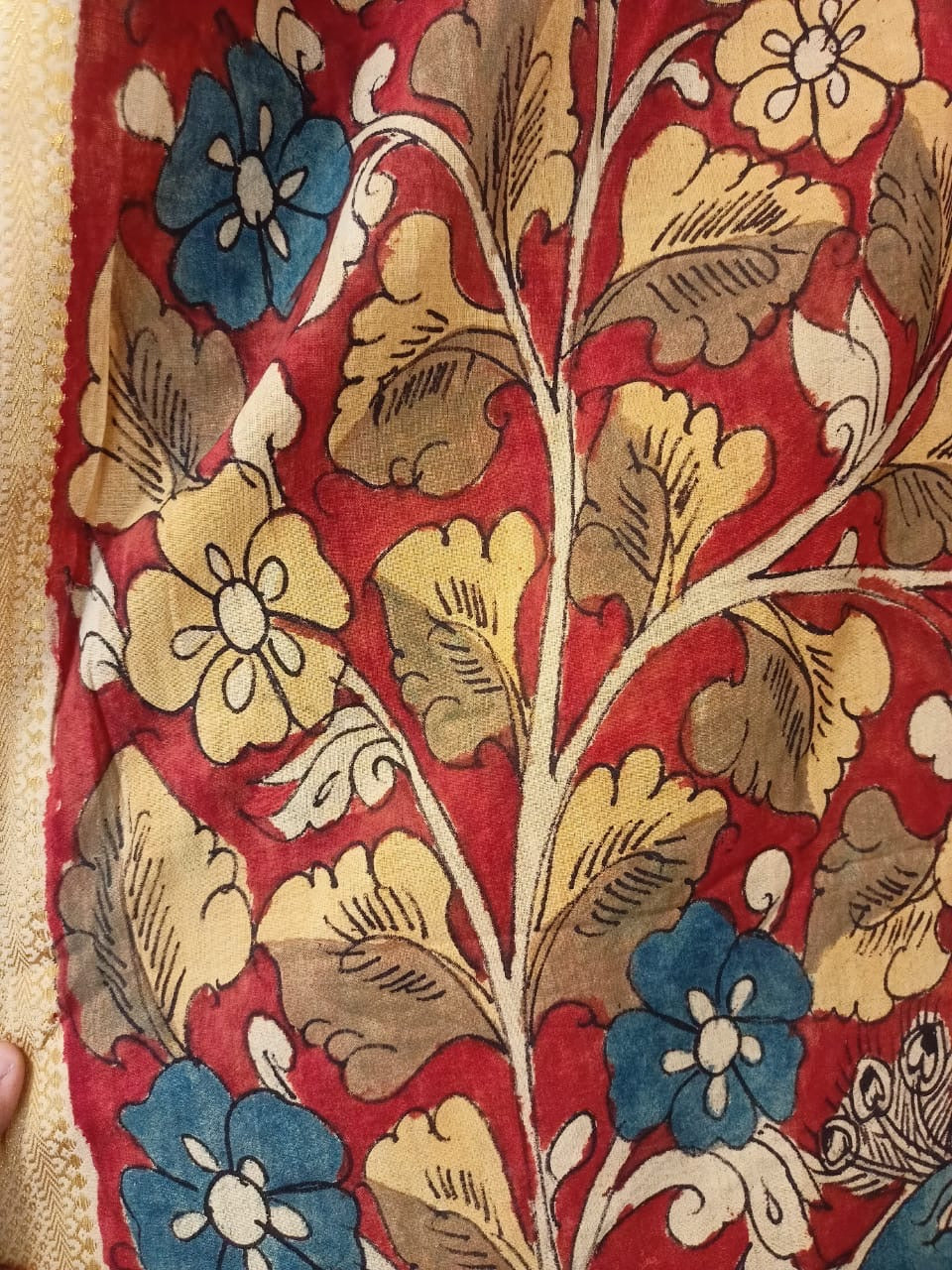 Handcrafted Red Cotton Kalamkari Dupatta with Ornate Floral and Bird Motifs”