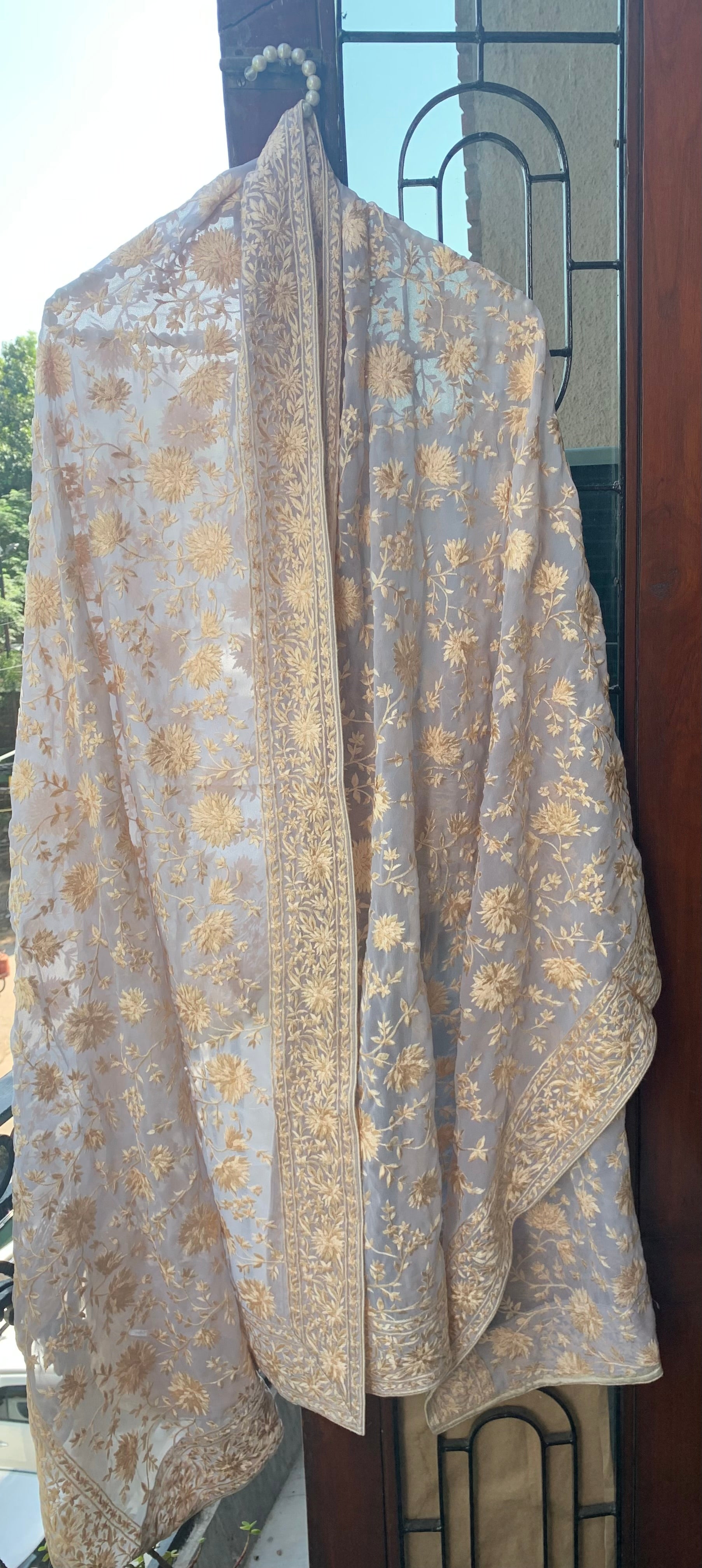 Beige Parsi Gara Embroidered Dupatta