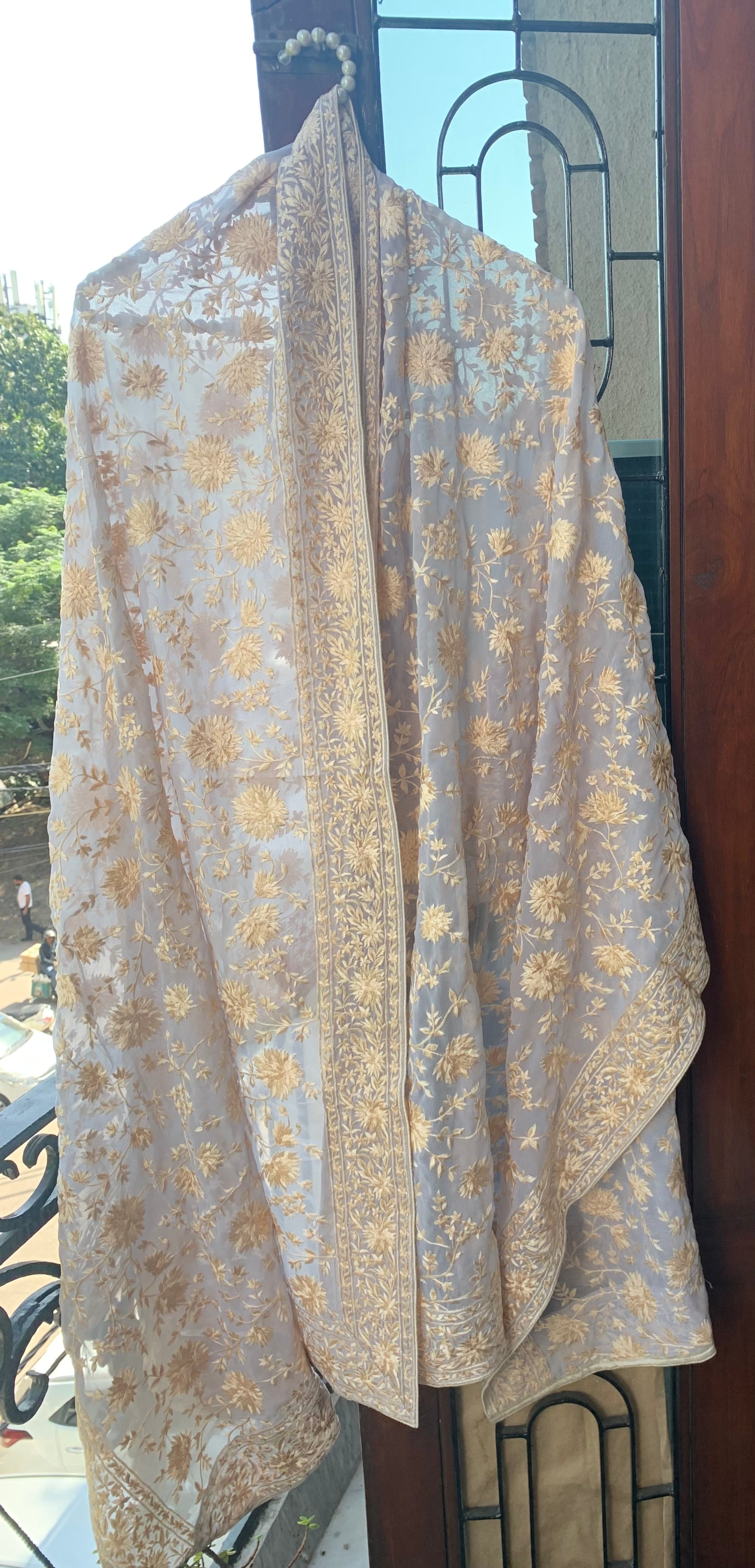 Beige Parsi Gara Embroidered Dupatta