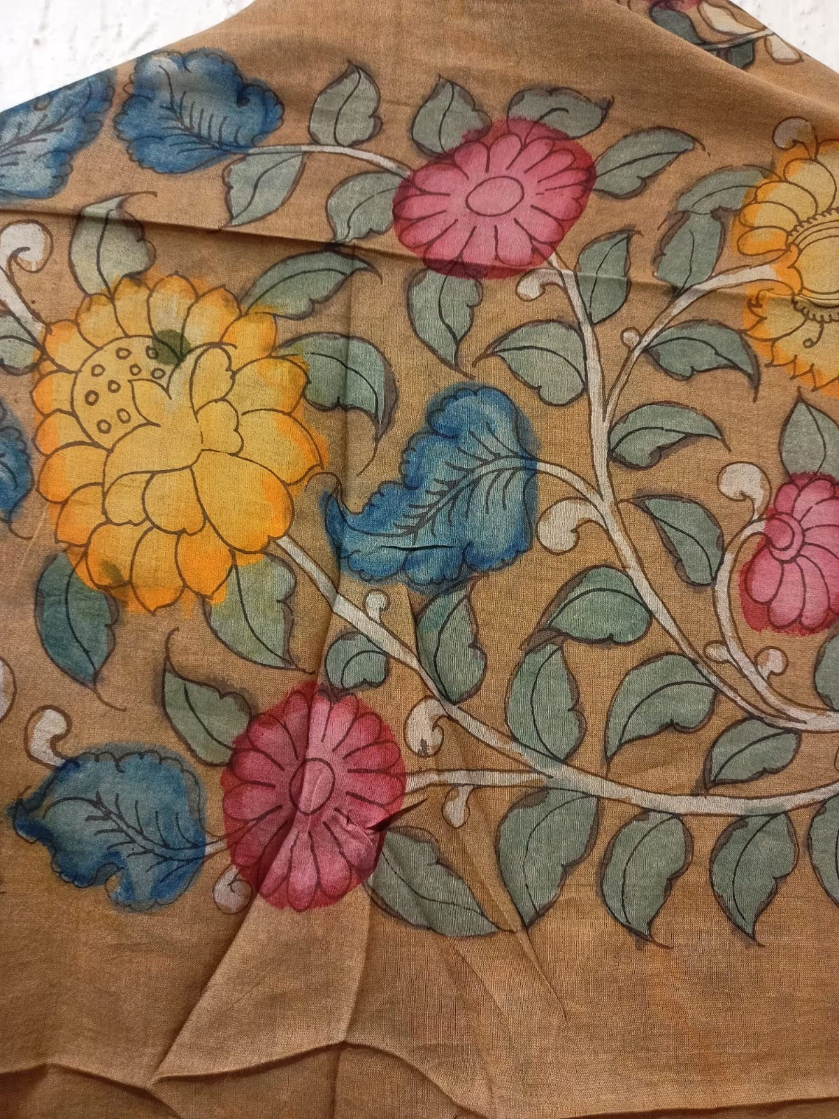 Blue Hand-Painted Kalamkari Cotton Silk Dupatta