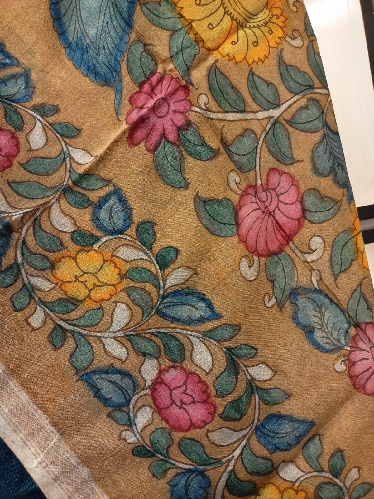 Blue Hand-Painted Kalamkari Cotton Silk Dupatta