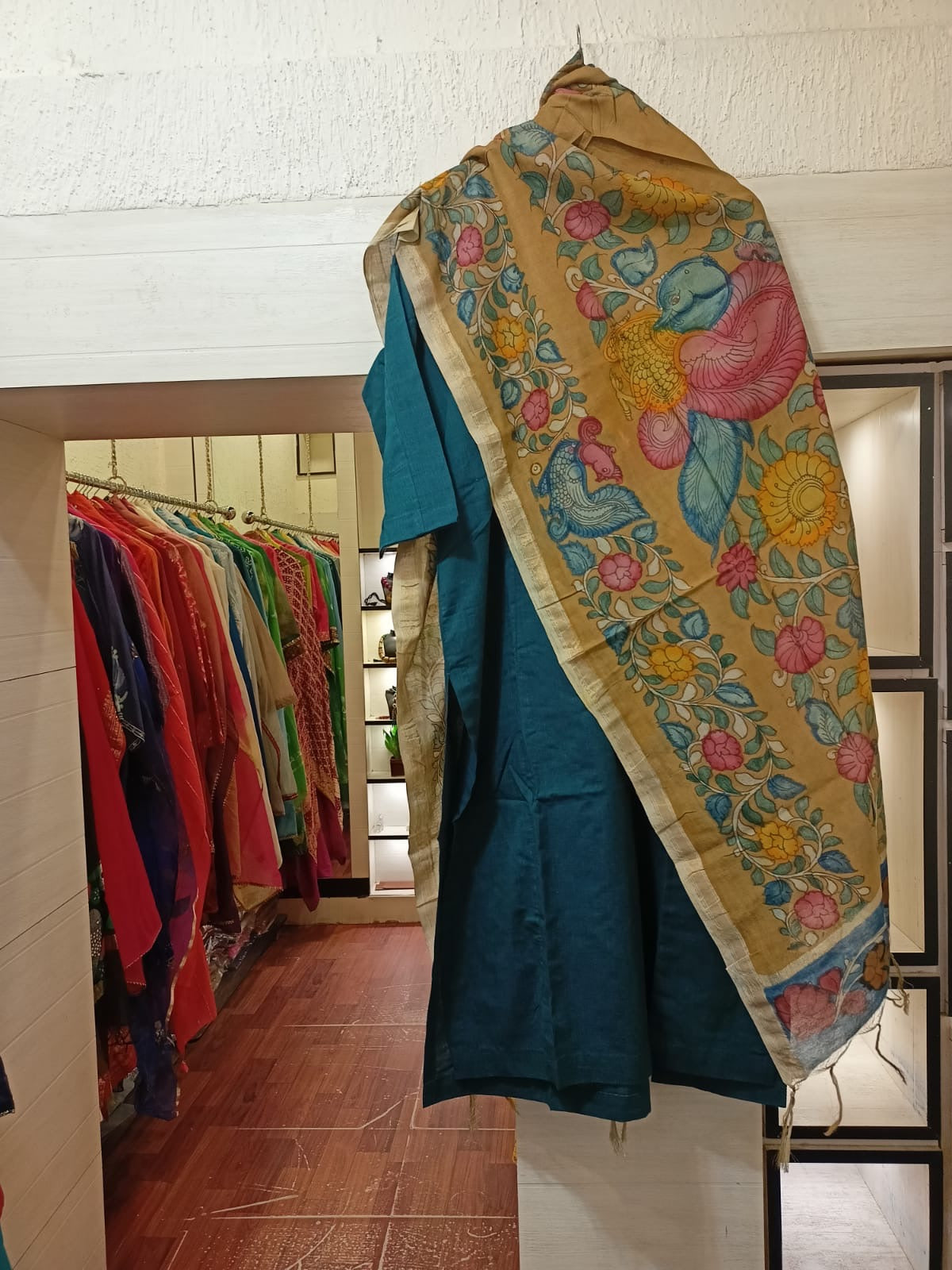 Blue Hand-Painted Kalamkari Cotton Silk Dupatta