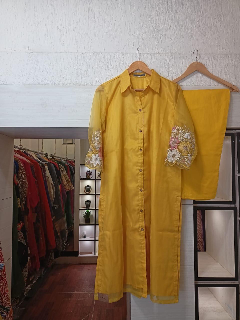 Yellow Organza Embroidered Kurta Set