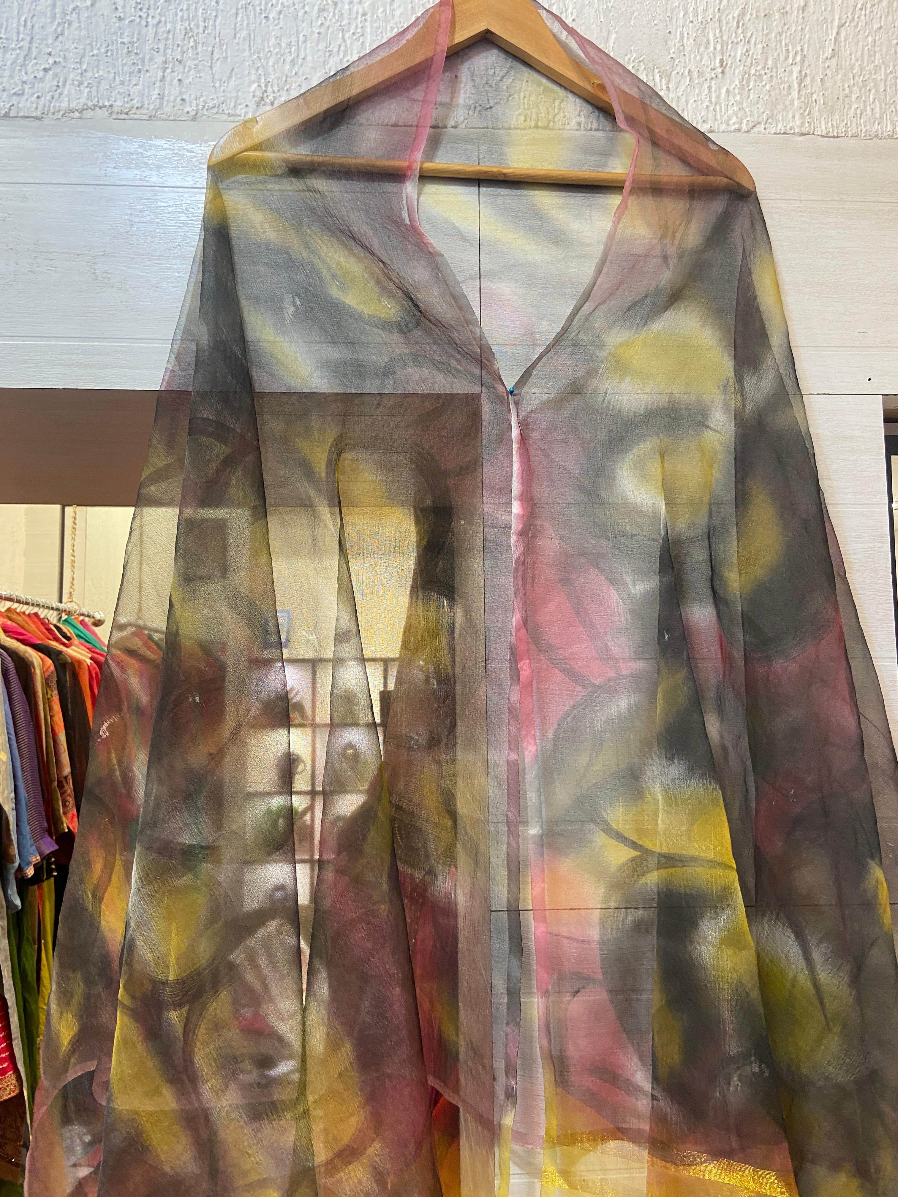 Multicoloured Hand-Painted Organza Dupatta -amodiniclothing