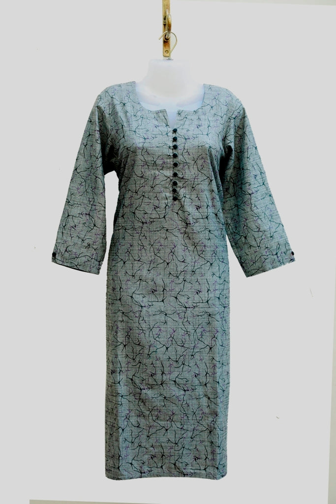 GREY AND BLUE PRINTED SPUN KURTA - XXL