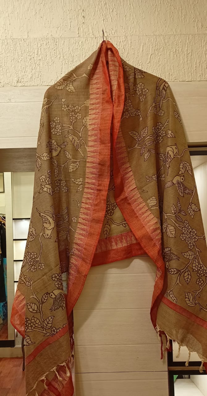 Brown Dupatta with Red Border
