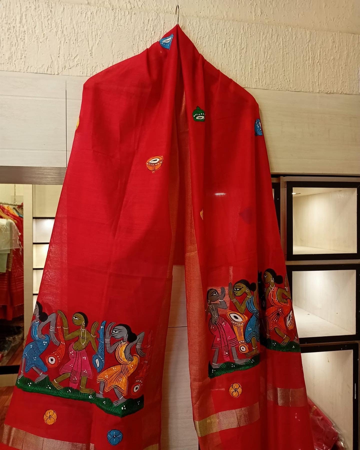 Red Kaalighaat Painted Chanderi Silk Dupatta
