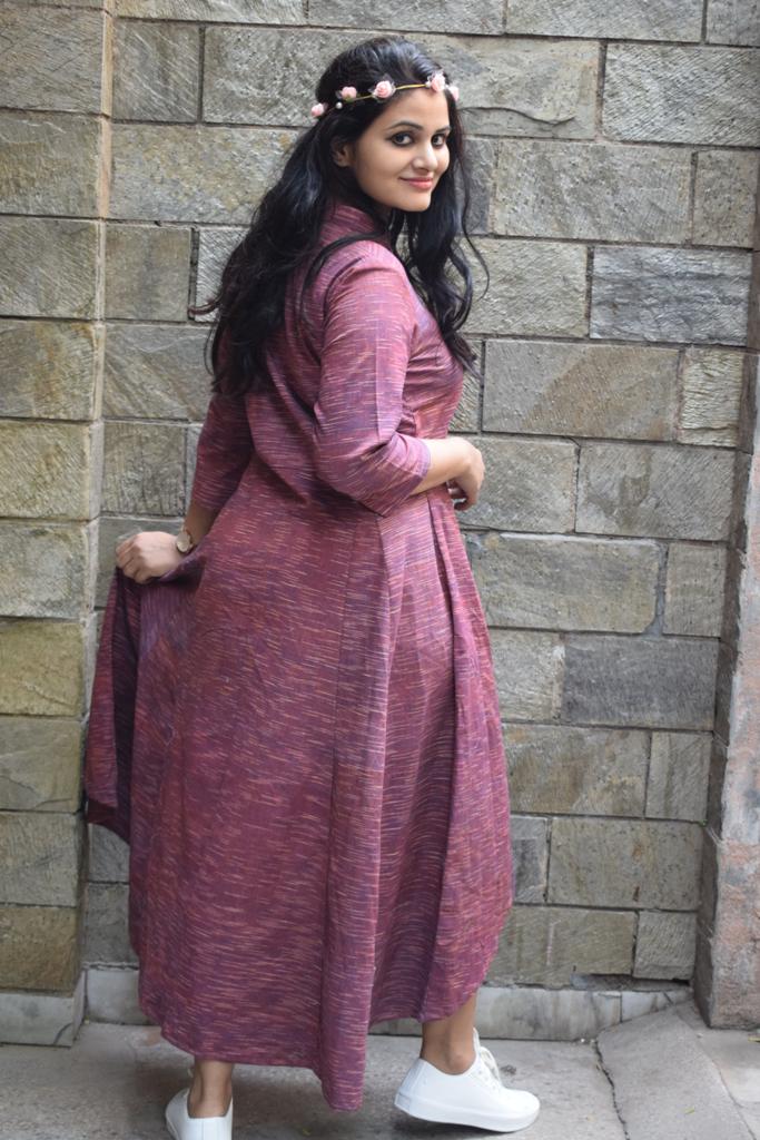 Amodini Maroon Abstract Patterned Khadi Layered Dress