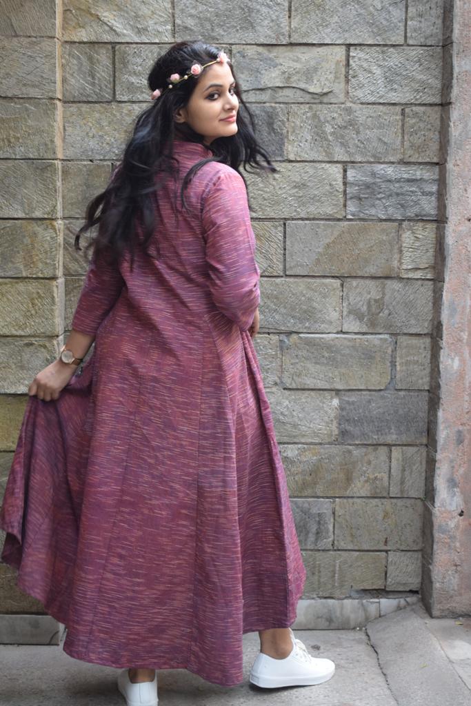 Amodini Maroon Abstract Patterned Khadi Layered Dress