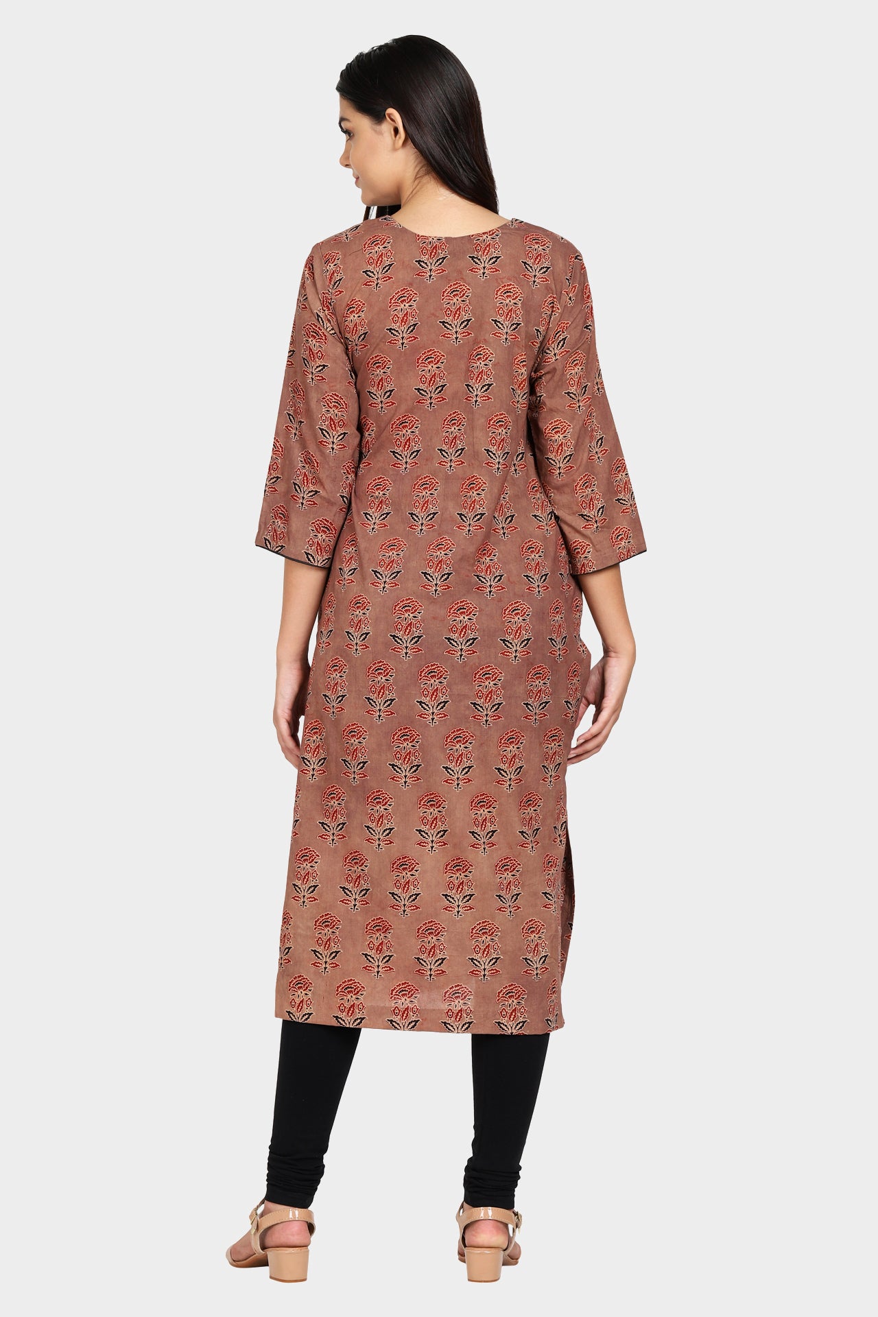 Brown Floral Print Straight Cotton Kurta with Black Detailing