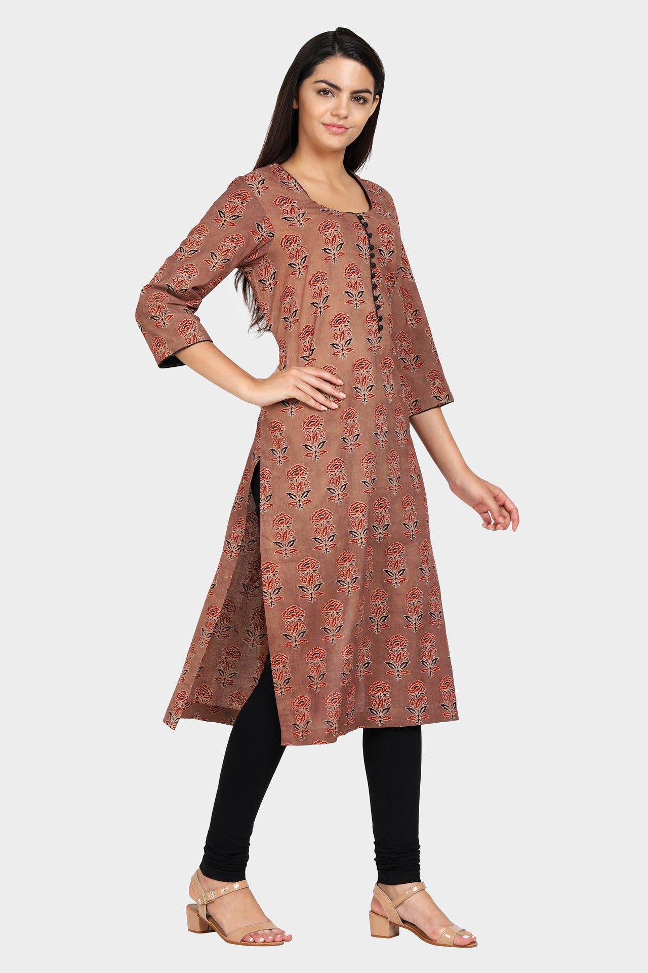 Brown Floral Print Straight Cotton Kurta with Black Detailing