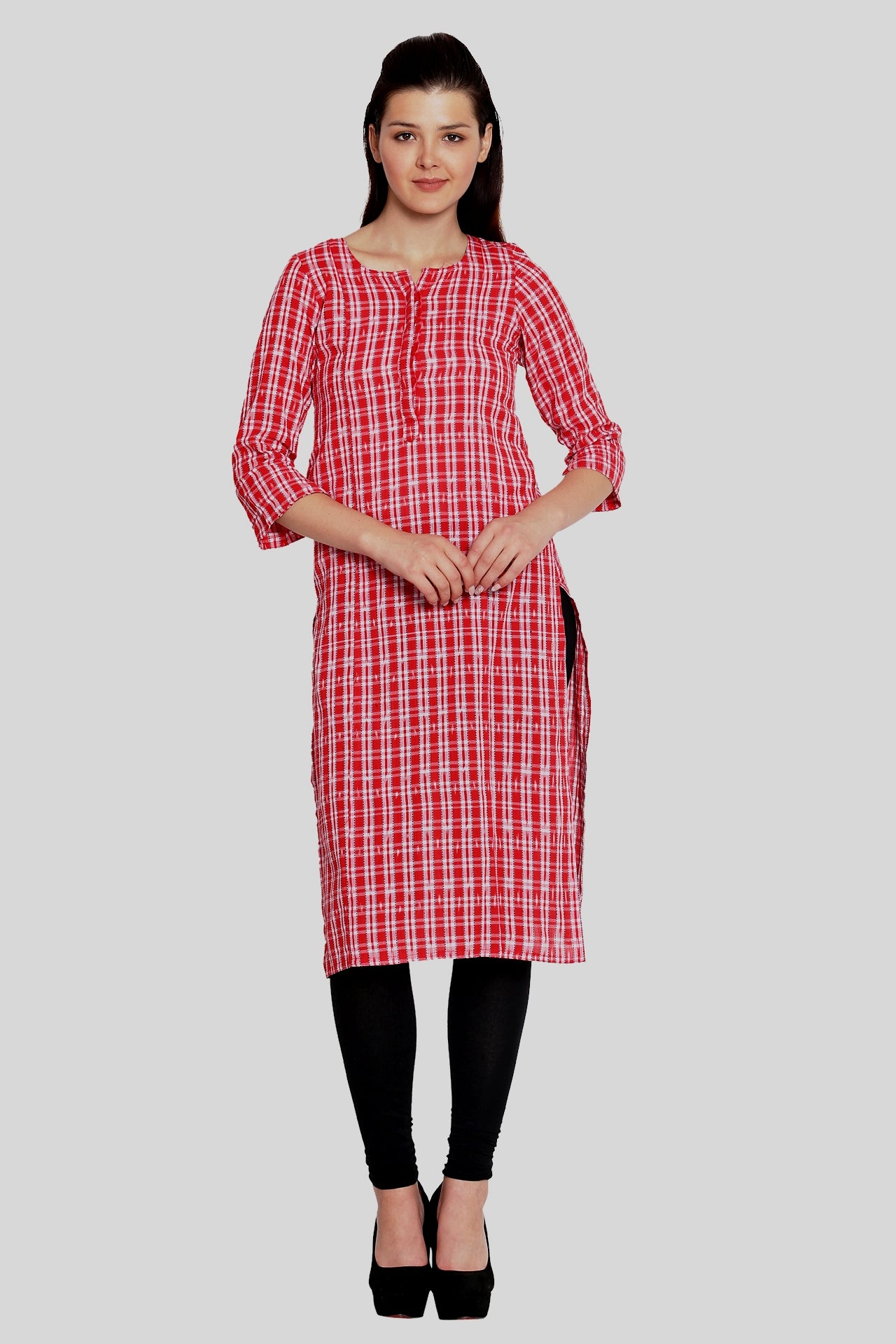 Amodini Red and White Cotton Kurta