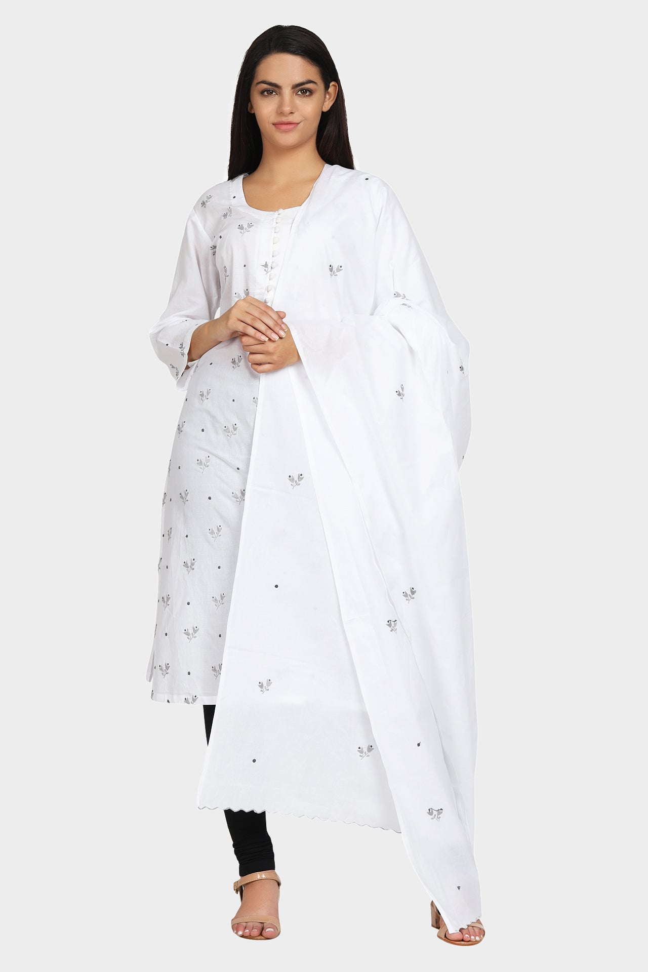 White Pure Cotton Dupatta Featuring Contrast Curvy Ends on Two Sides
