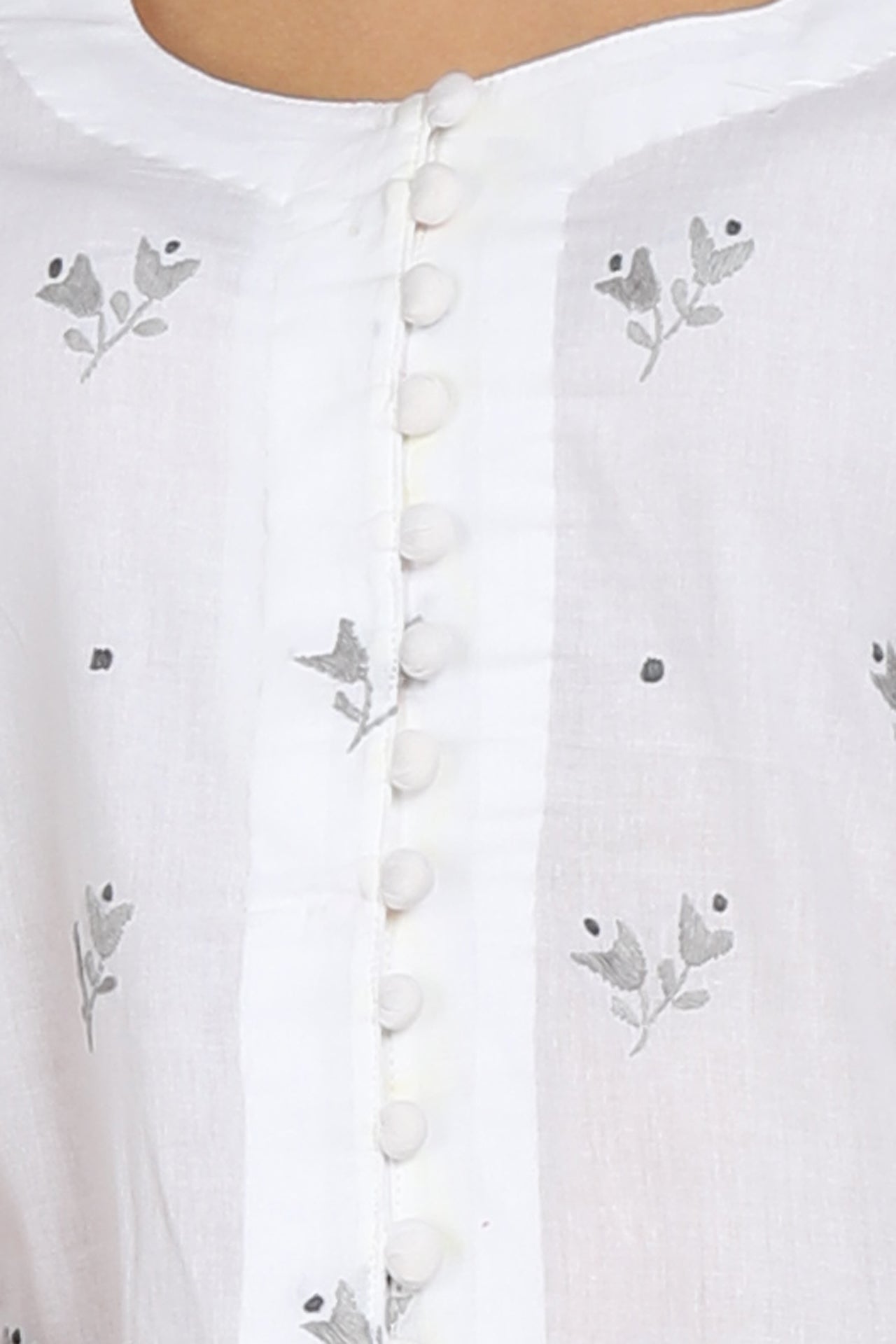 White Straight Kurta with Grey Hand Embroidery