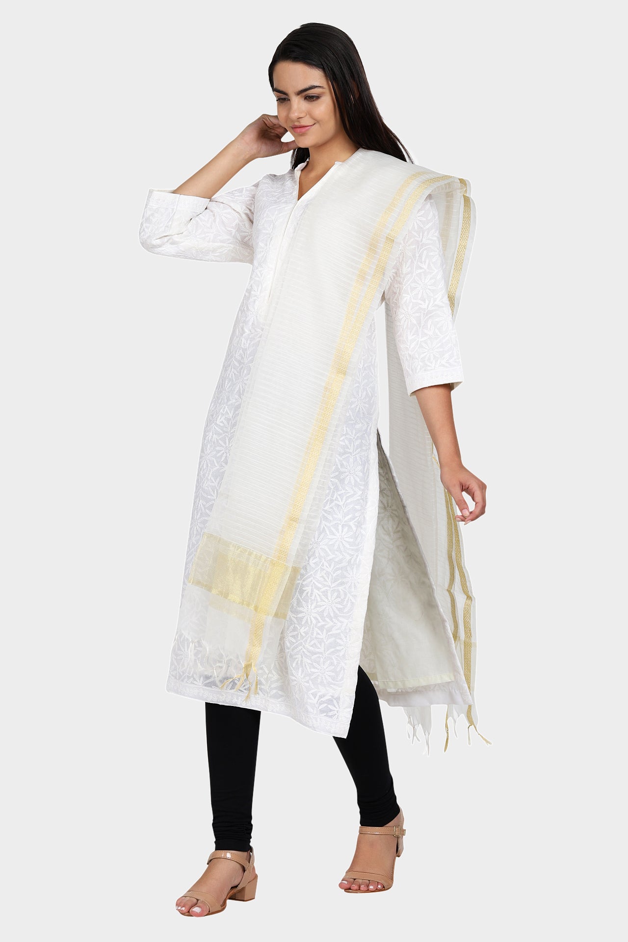 White and Golden Polyknit Cotton Dupatta with Tassled Ends