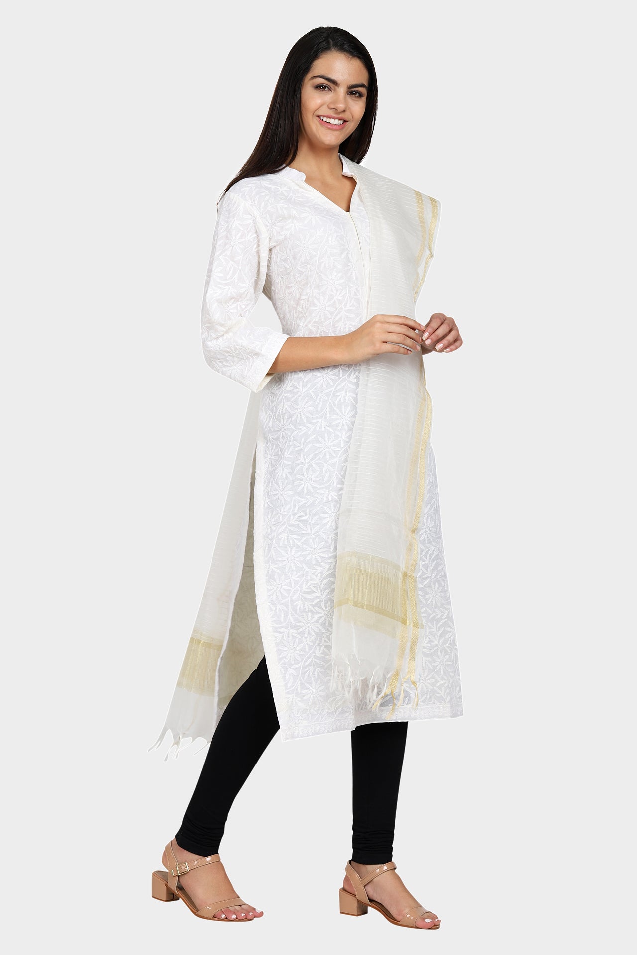 White and Golden Polyknit Cotton Dupatta with Tassled Ends