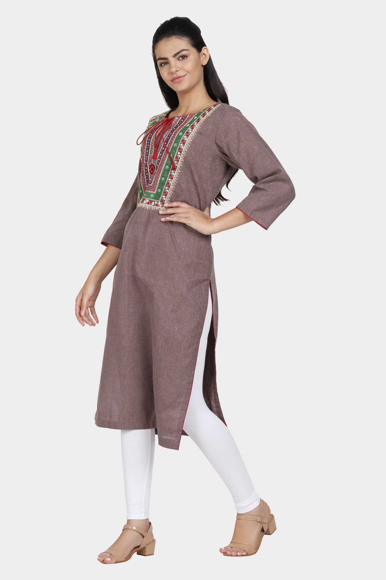 Winter Wear Brown Hand Embroidered Kurta with Tie-Up Detailing
