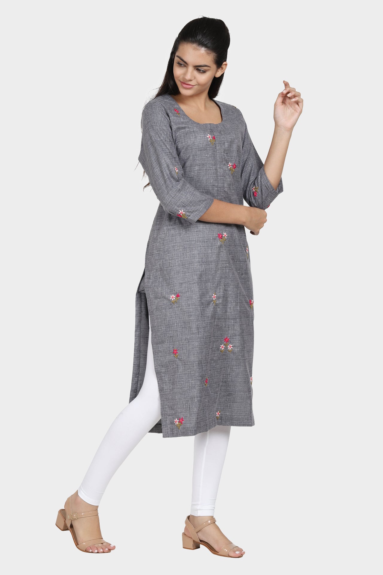 Winter Wear Grey All Over Hand Embroidered Kurta