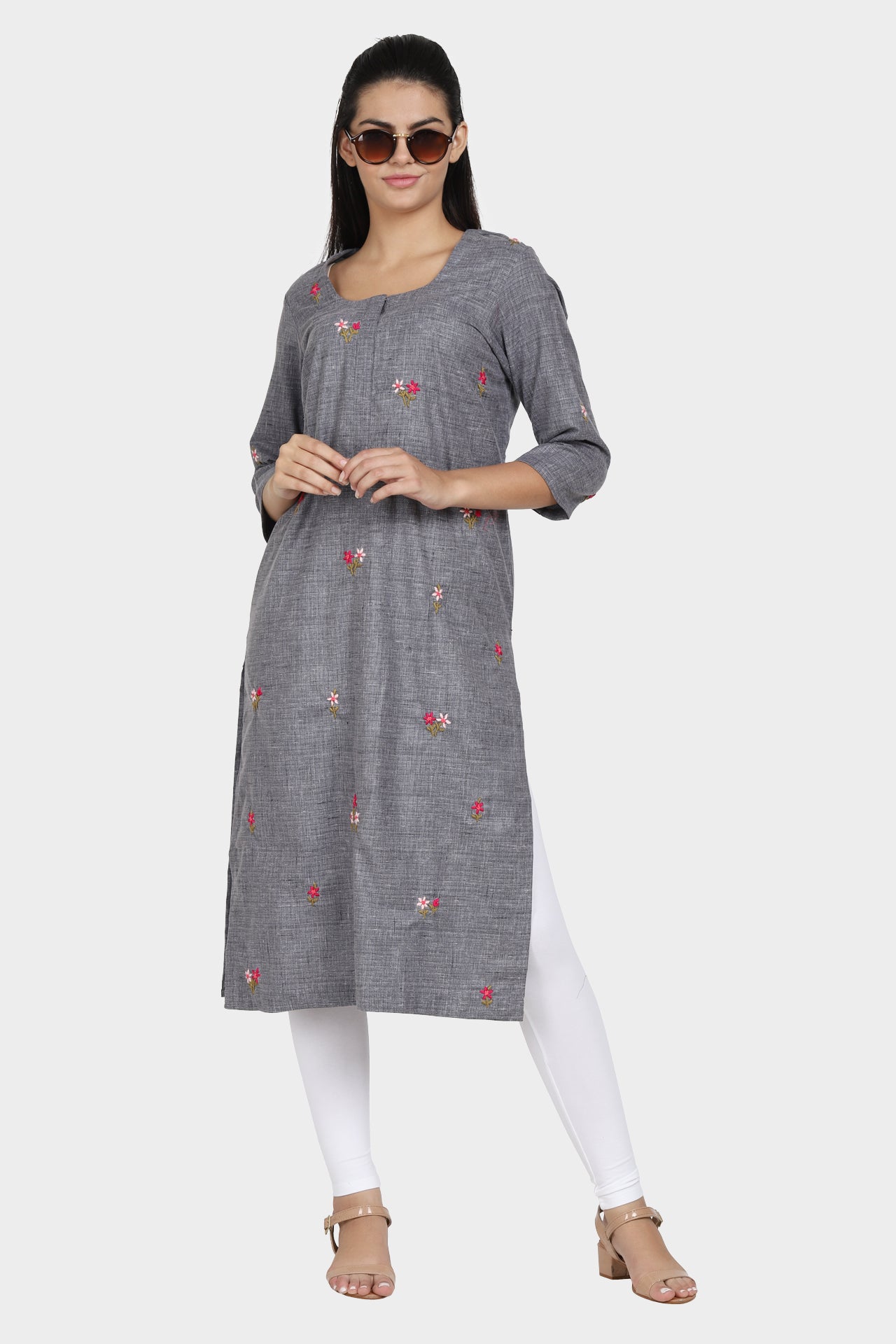 Winter Wear Grey All Over Hand Embroidered Kurta