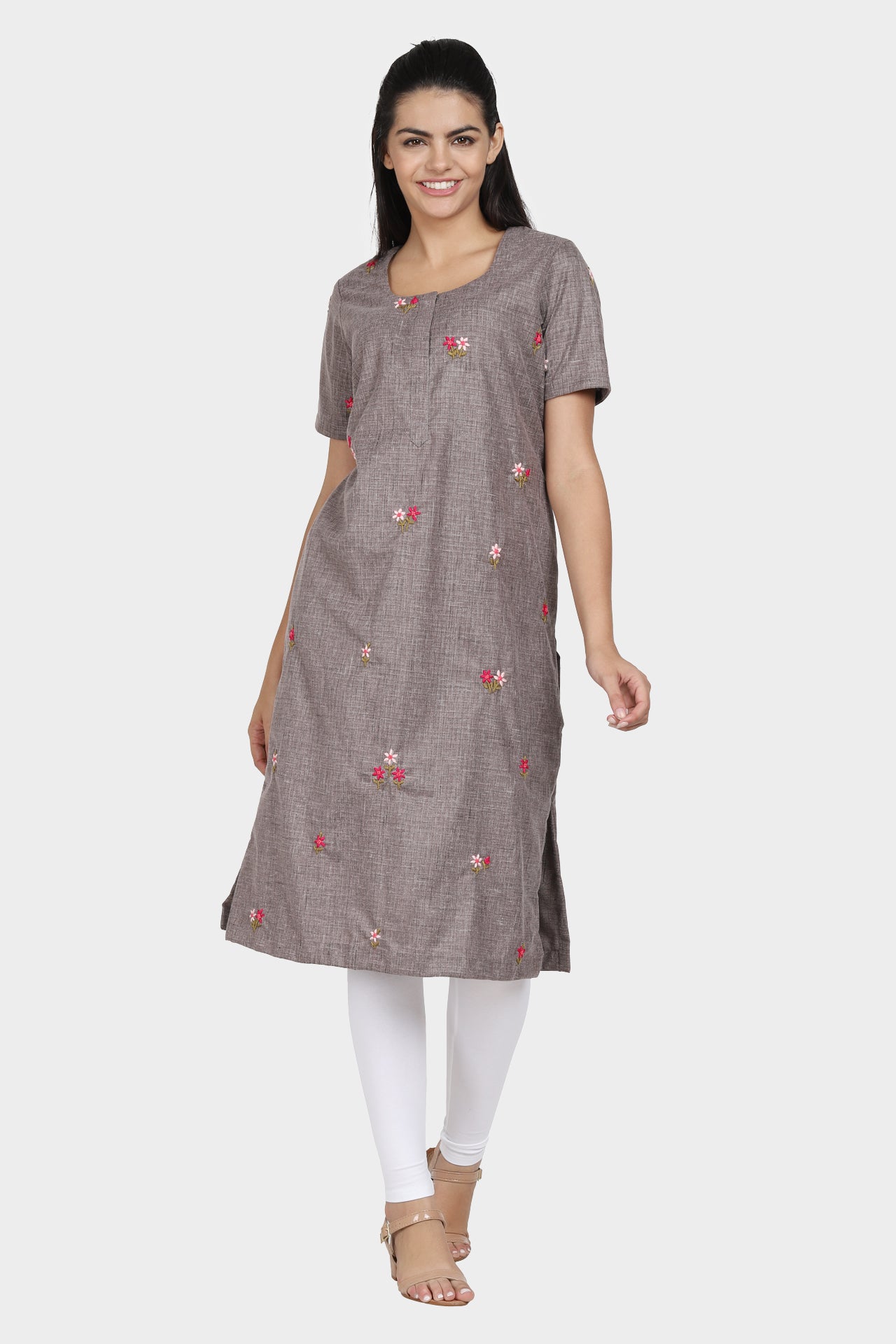 Winter Wear Brown All Over Hand Embroidered Kurta with Half Sleeves