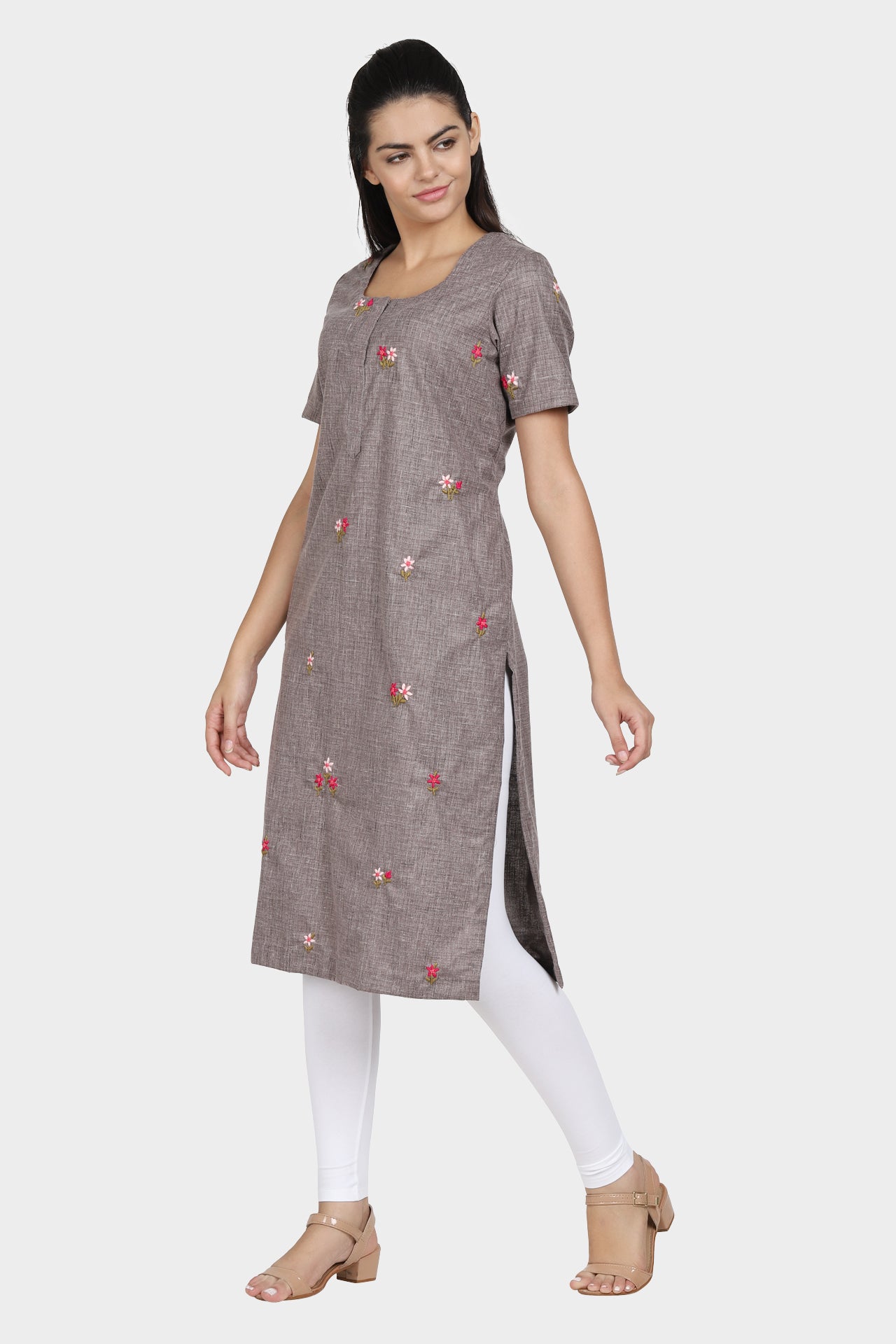 Winter Wear Brown All Over Hand Embroidered Kurta with Half Sleeves