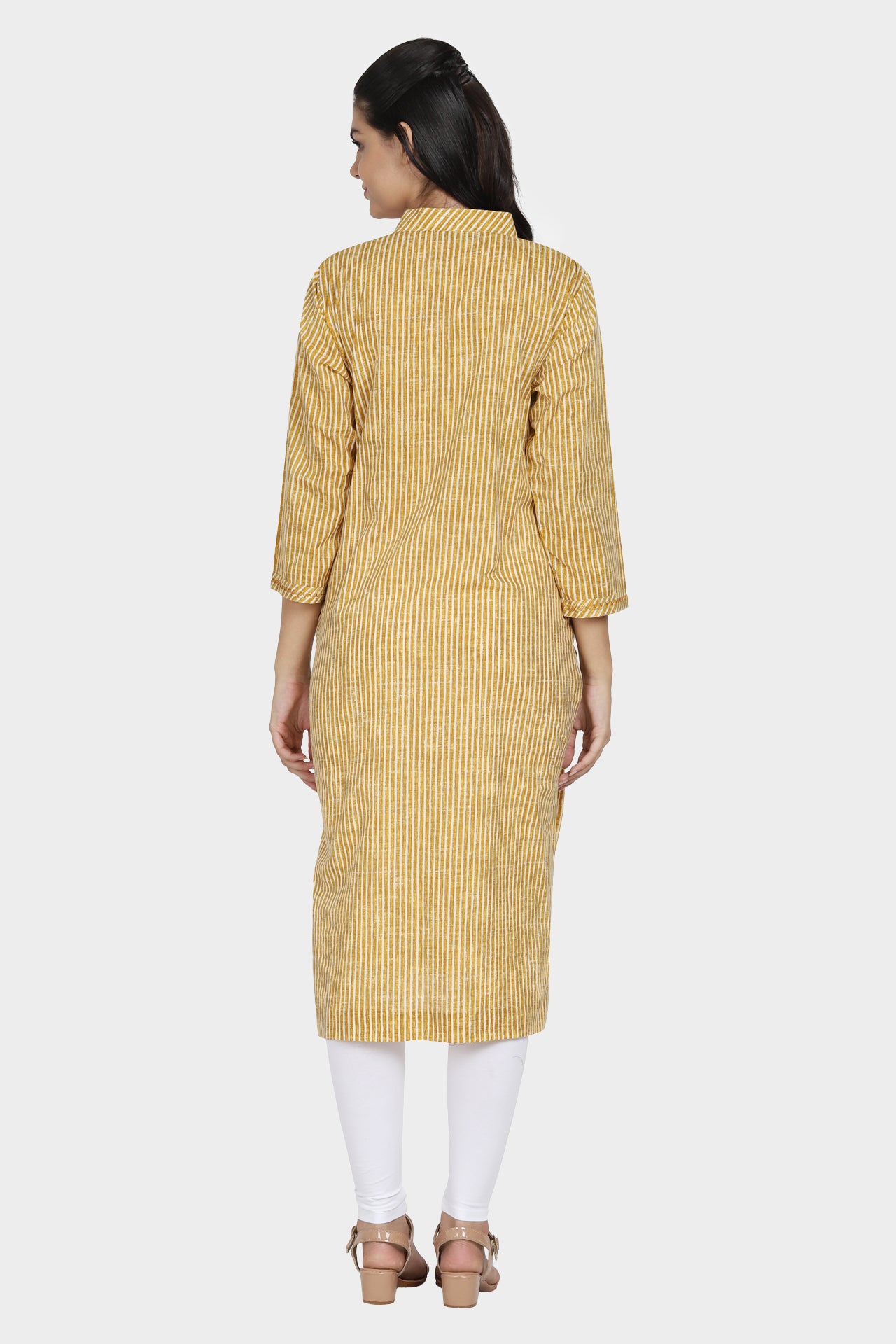 Yellow Striped Cotton Kurta with V-Neck Stand Collar & Designer Sleeves