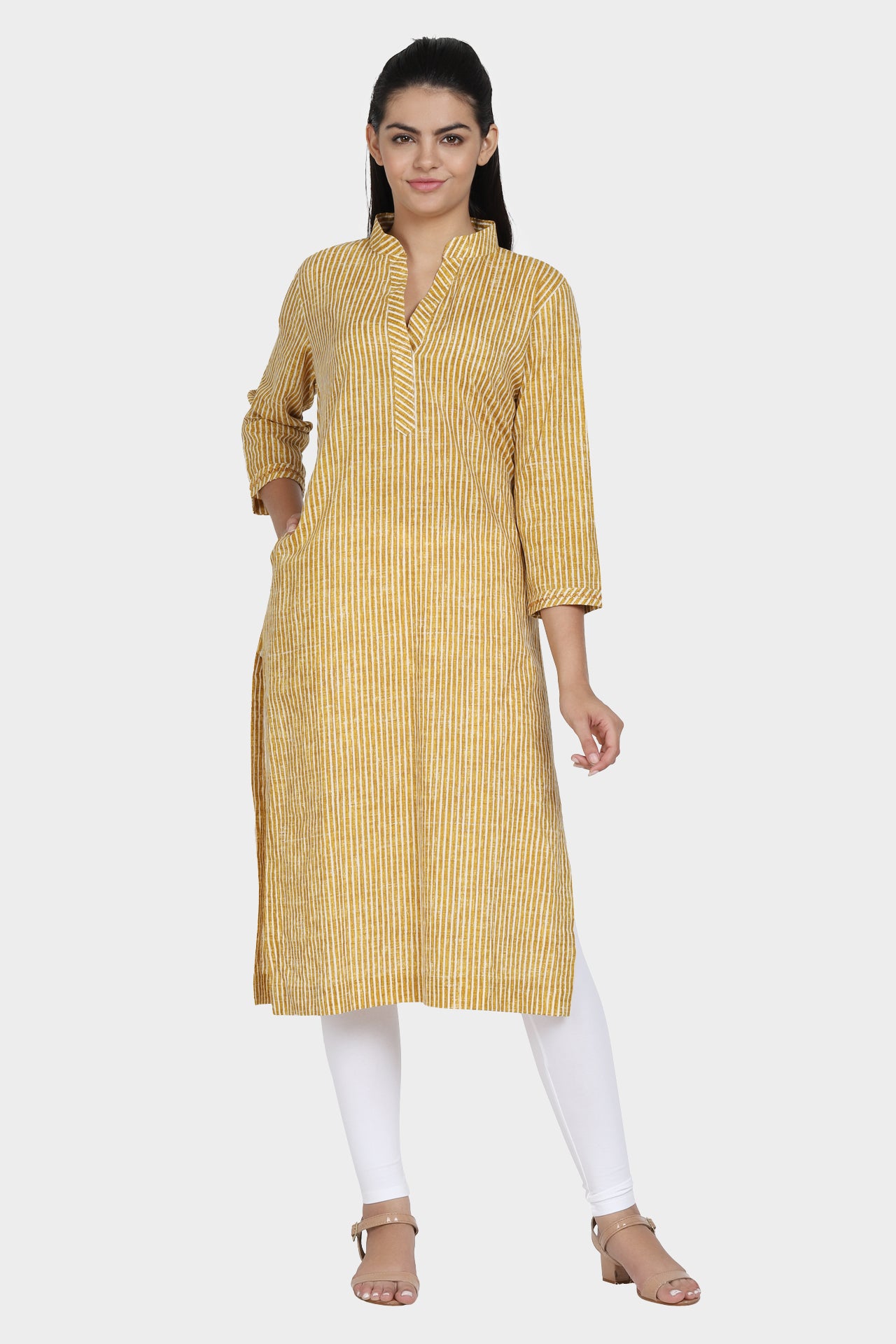 Yellow Striped Cotton Kurta with V-Neck Stand Collar & Designer Sleeves