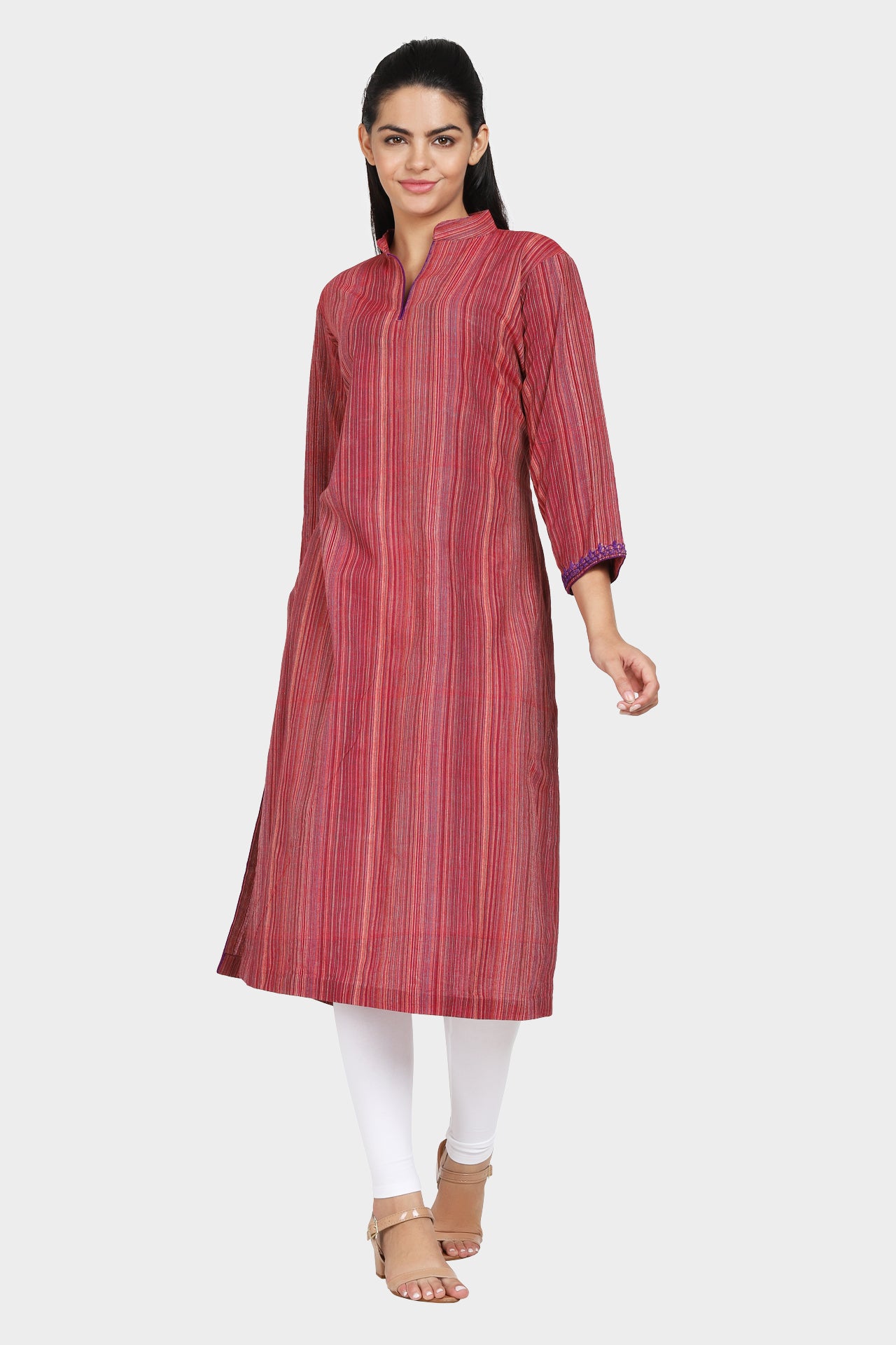 Maroon Abstract Pattern Cotton Kurta with Purple Embroidered Sleeves