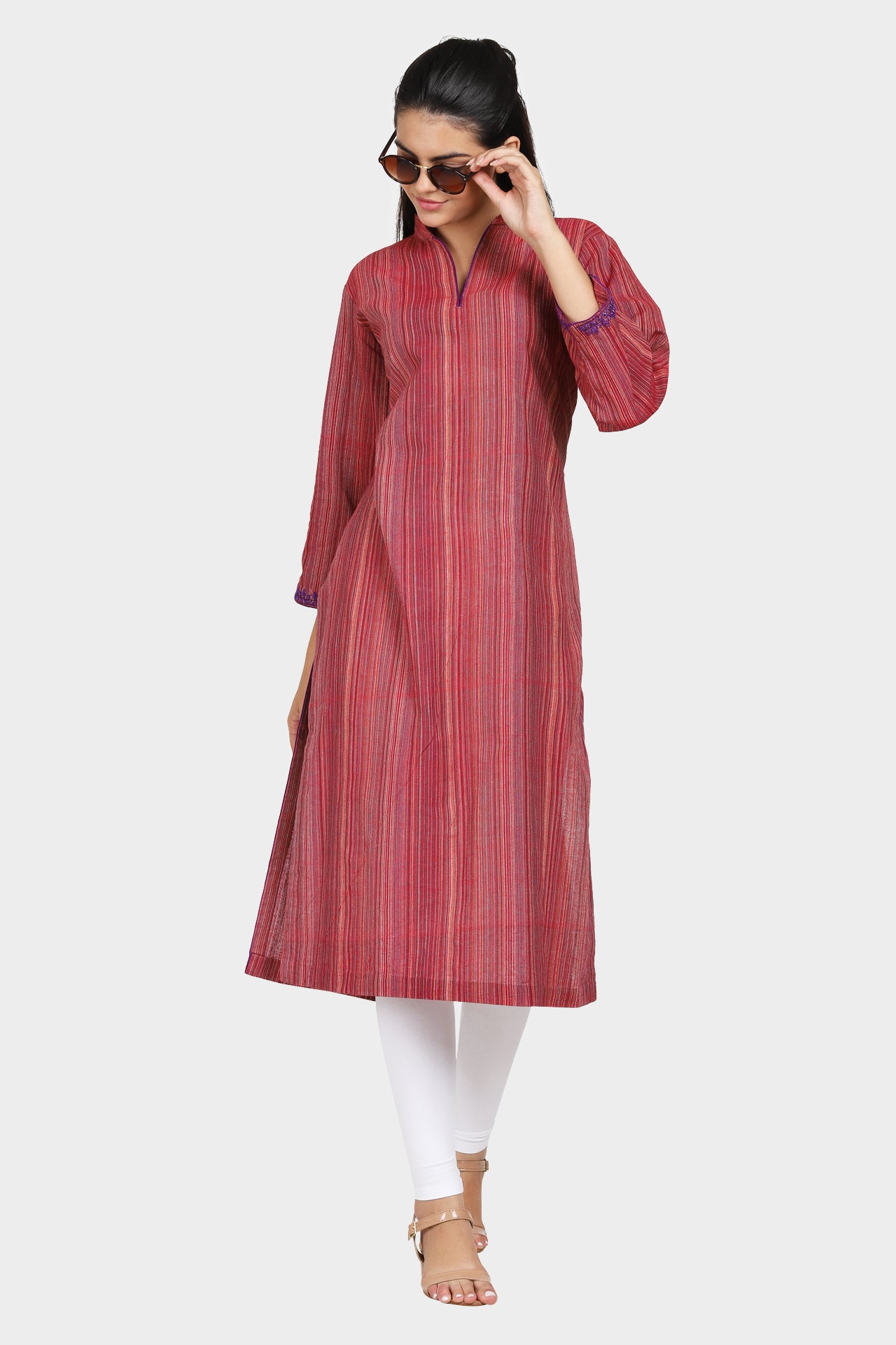 Maroon Abstract Pattern Cotton Kurta with Purple Embroidered Sleeves