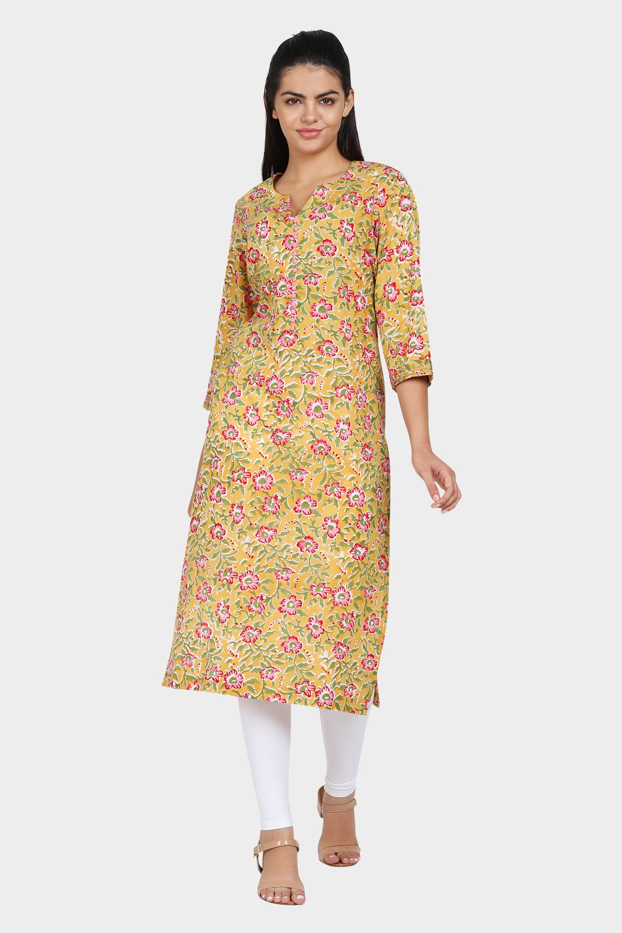 Women Yellow Floral Print Straight Kurta with Button Design