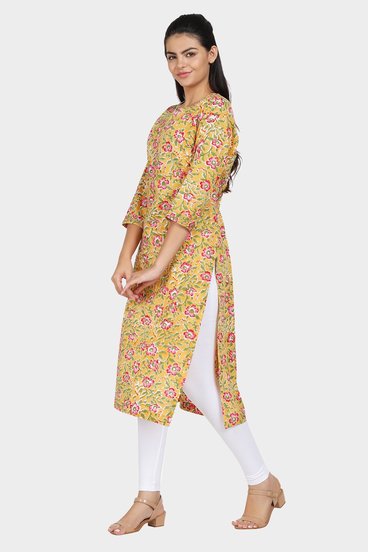 Women Yellow Floral Print Straight Kurta with Button Design