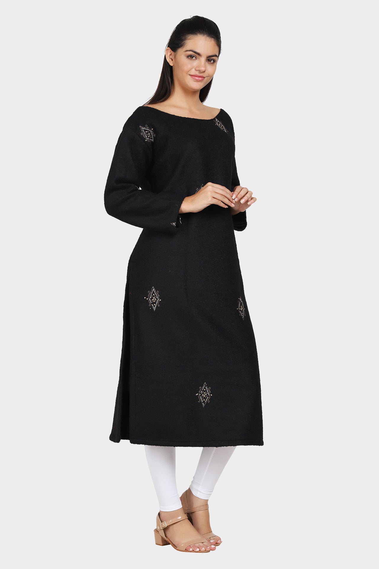 Black Woollen Straight Kurta with Golden Embellishments