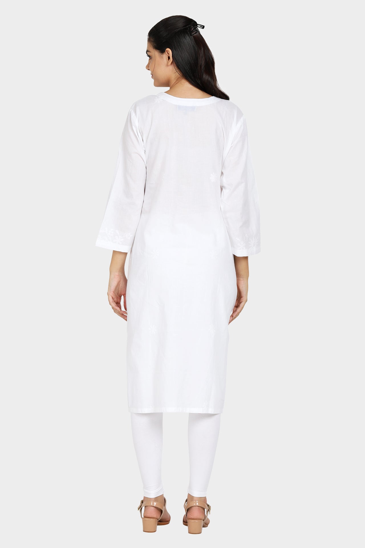 White on White Floral Hand Embroidered Cotton Kurta with Button Detailing