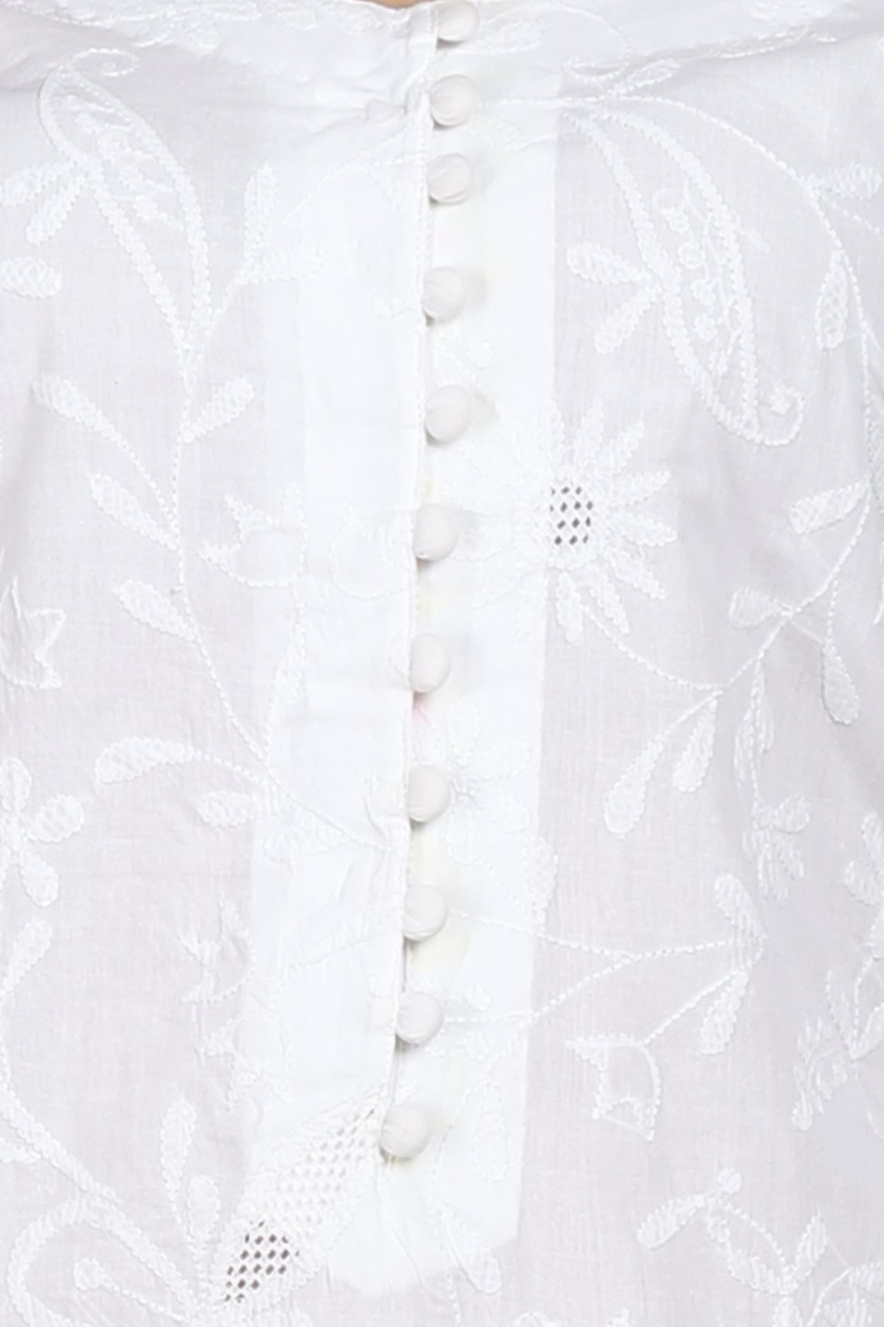 White on White Floral Hand Embroidered Cotton Kurta with Button Detailing