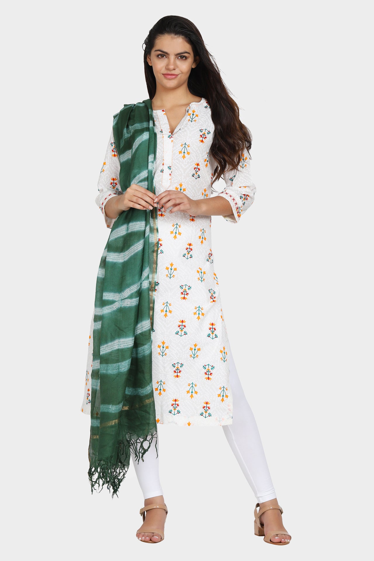 White All Over Floral Printed Cotton Straight Kurta
