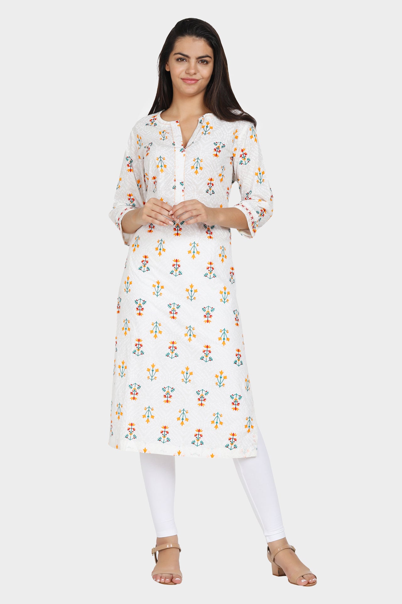 White All Over Floral Printed Cotton Straight Kurta