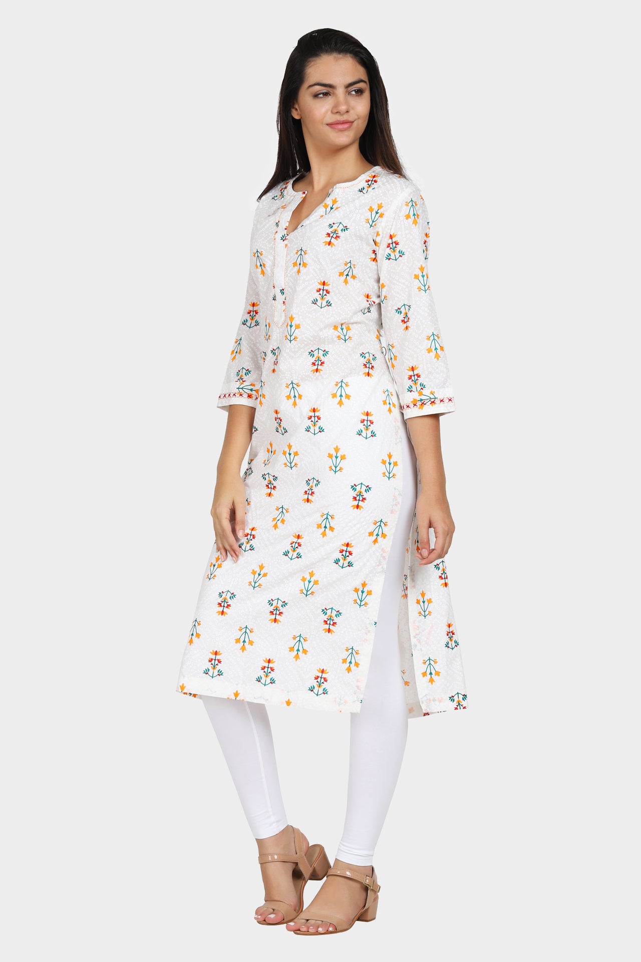White All Over Floral Printed Cotton Straight Kurta