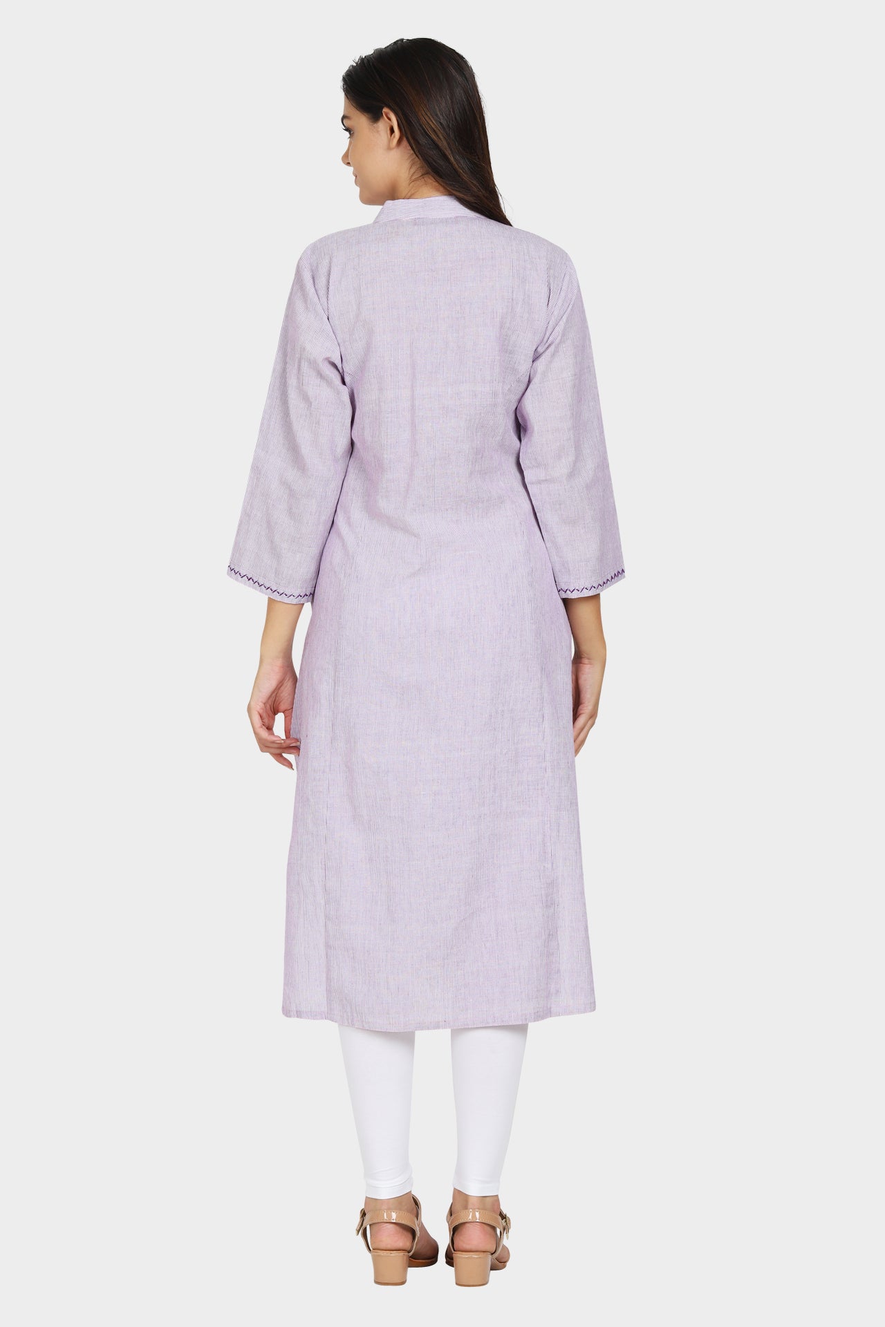 Purple Striped Cotton Straight Kurta with Embroidered Sleeves