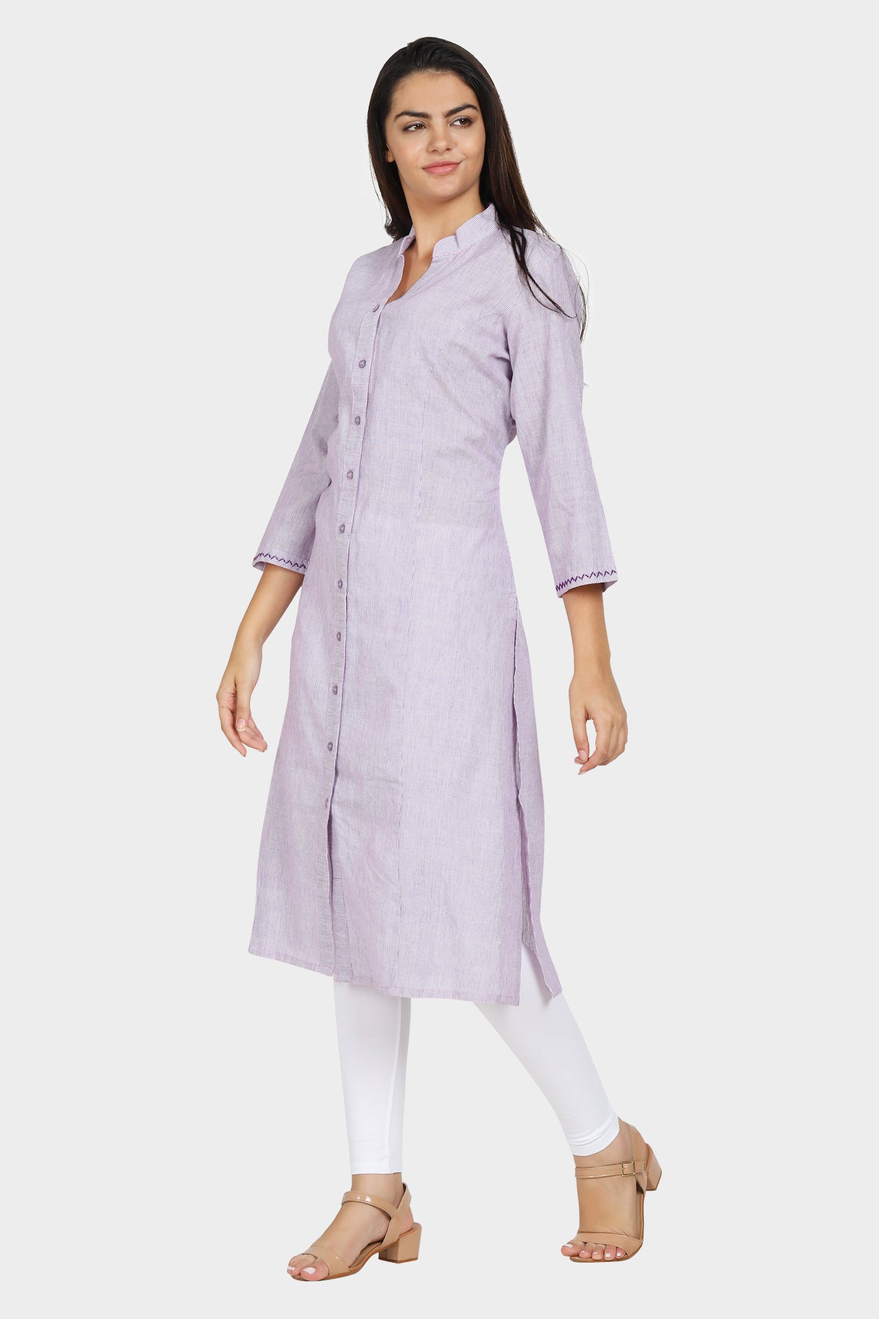 Purple Striped Cotton Straight Kurta with Embroidered Sleeves