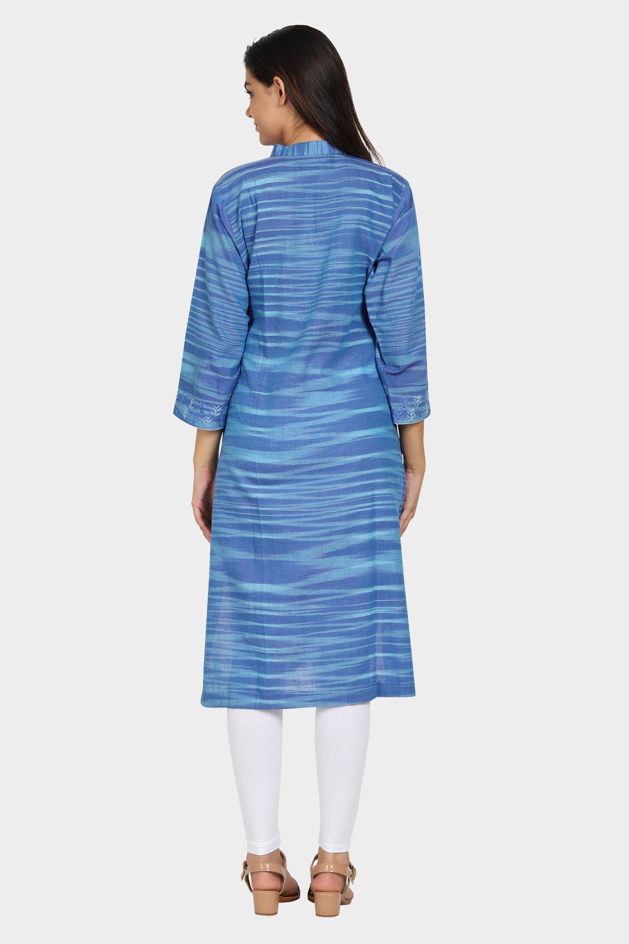 Blue Cotton Straight Kurta with Hand Embroidered Sleeves