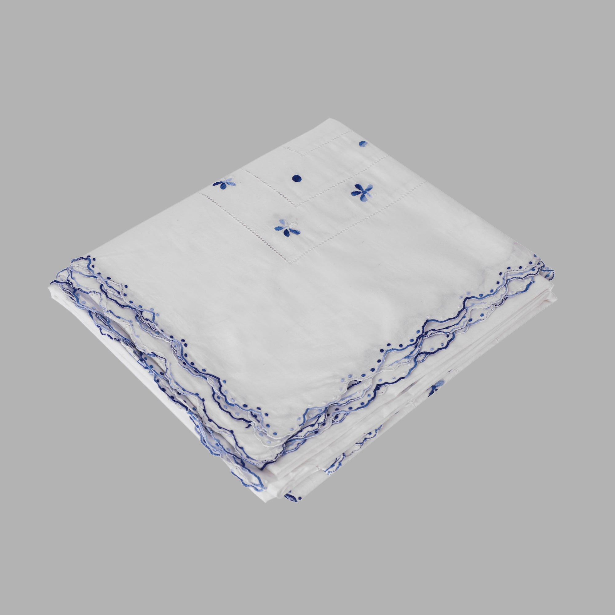 BLUE FLOWER HAND EMBROIDERED WHITE COTTON  BED COVER WITH PILLOW COVERS