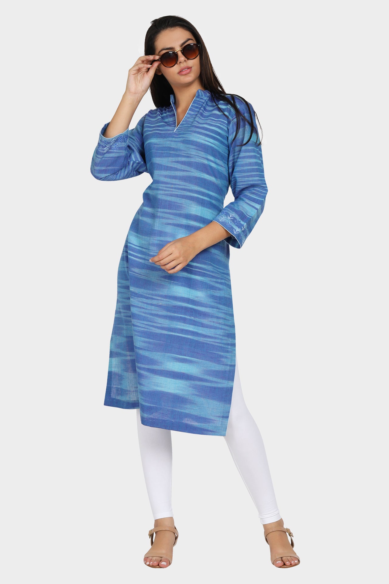 Blue Cotton Straight Kurta with Hand Embroidered Sleeves