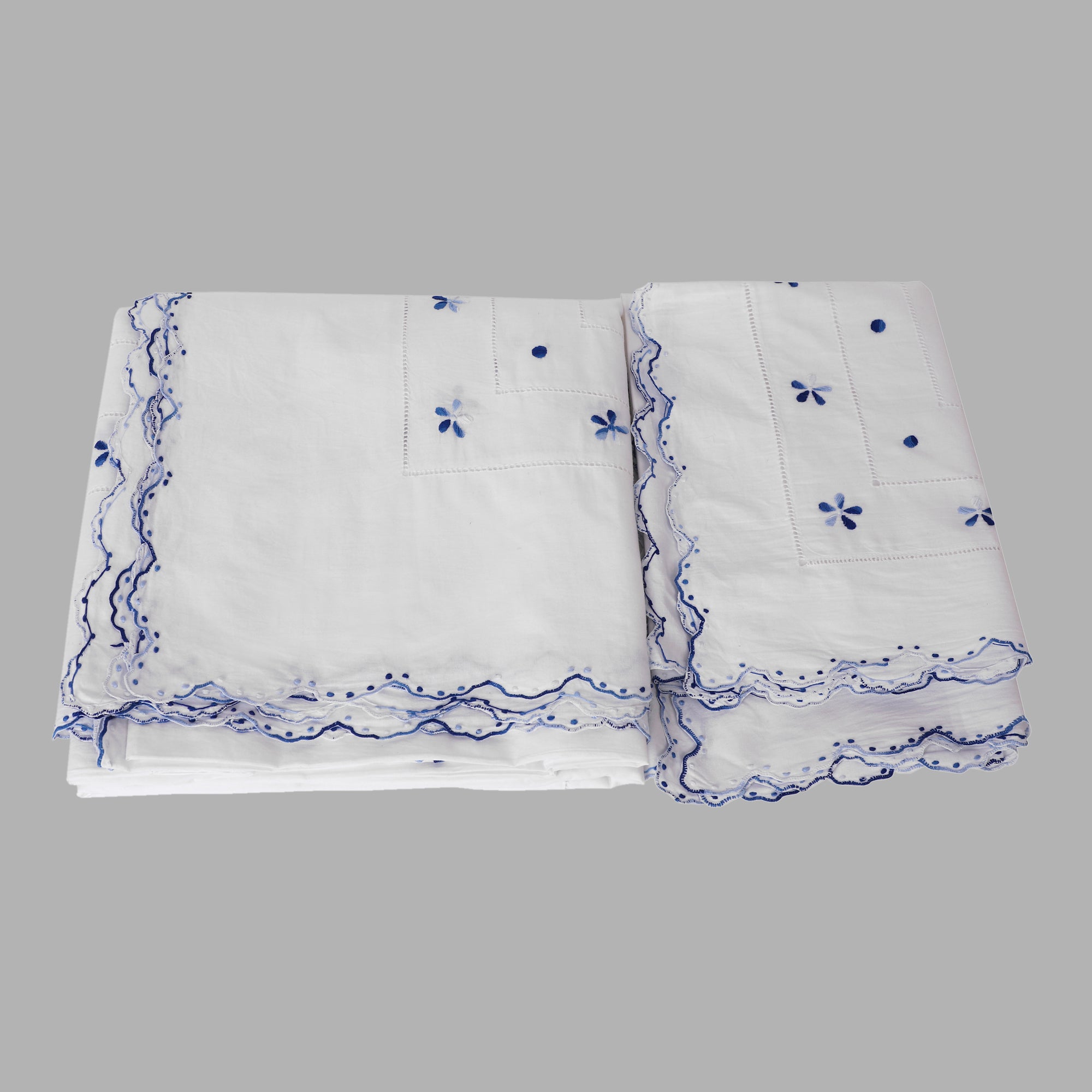 BLUE FLOWER HAND EMBROIDERED WHITE COTTON  BED COVER WITH PILLOW COVERS