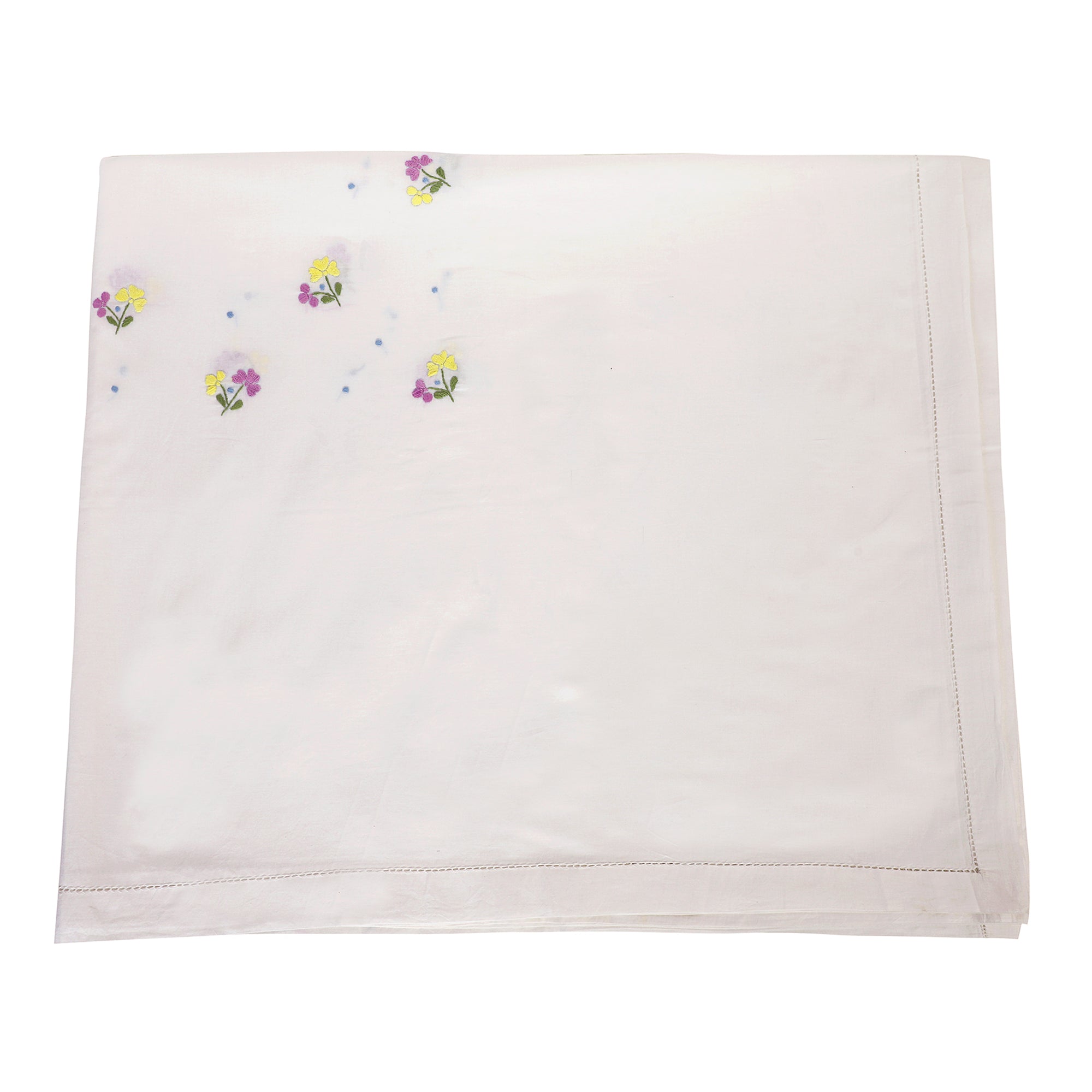 PURPLE AND YELLOW FLOWER HAND EMBROIDERED  WHITE COTTON BED COVER WITH PILLOW COVERS