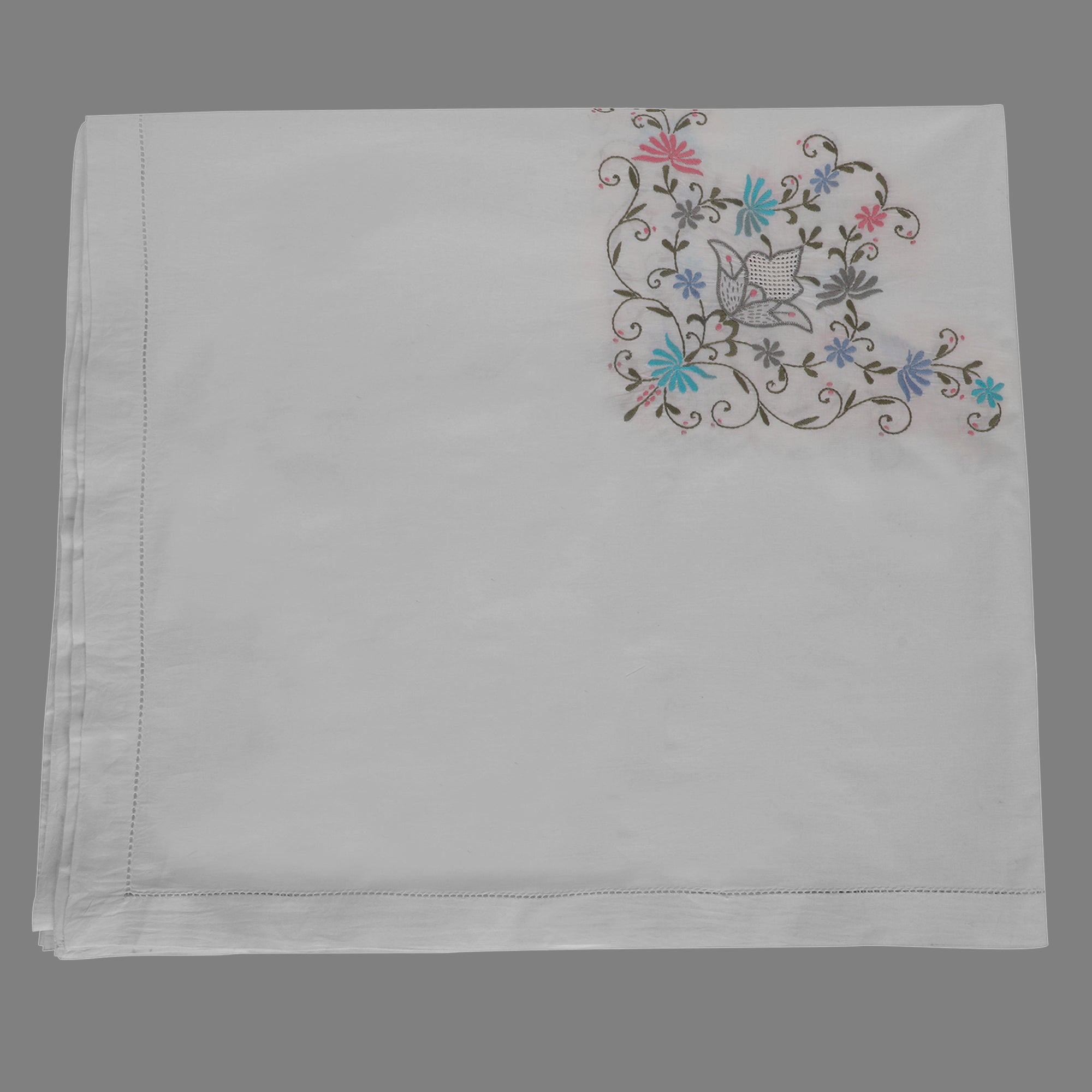 MULTICOLOUR HAND EMBROIDERED WHITE COTTON BED COVER WITH PILLOW COVERS