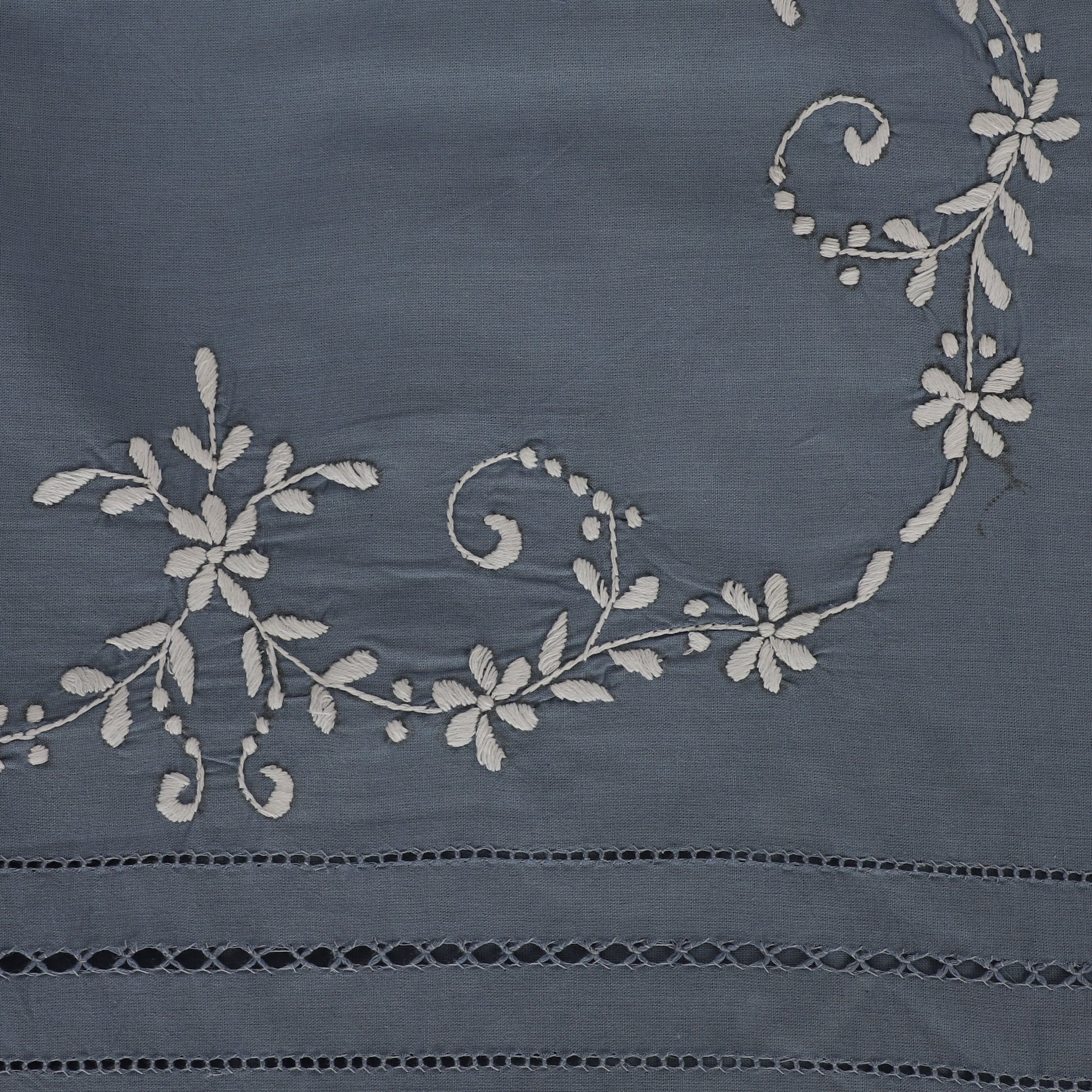 WHITE FLOWER HAND EMBROIDERED BLUE COTTON BED COVER WITH PILLOW COVERS
